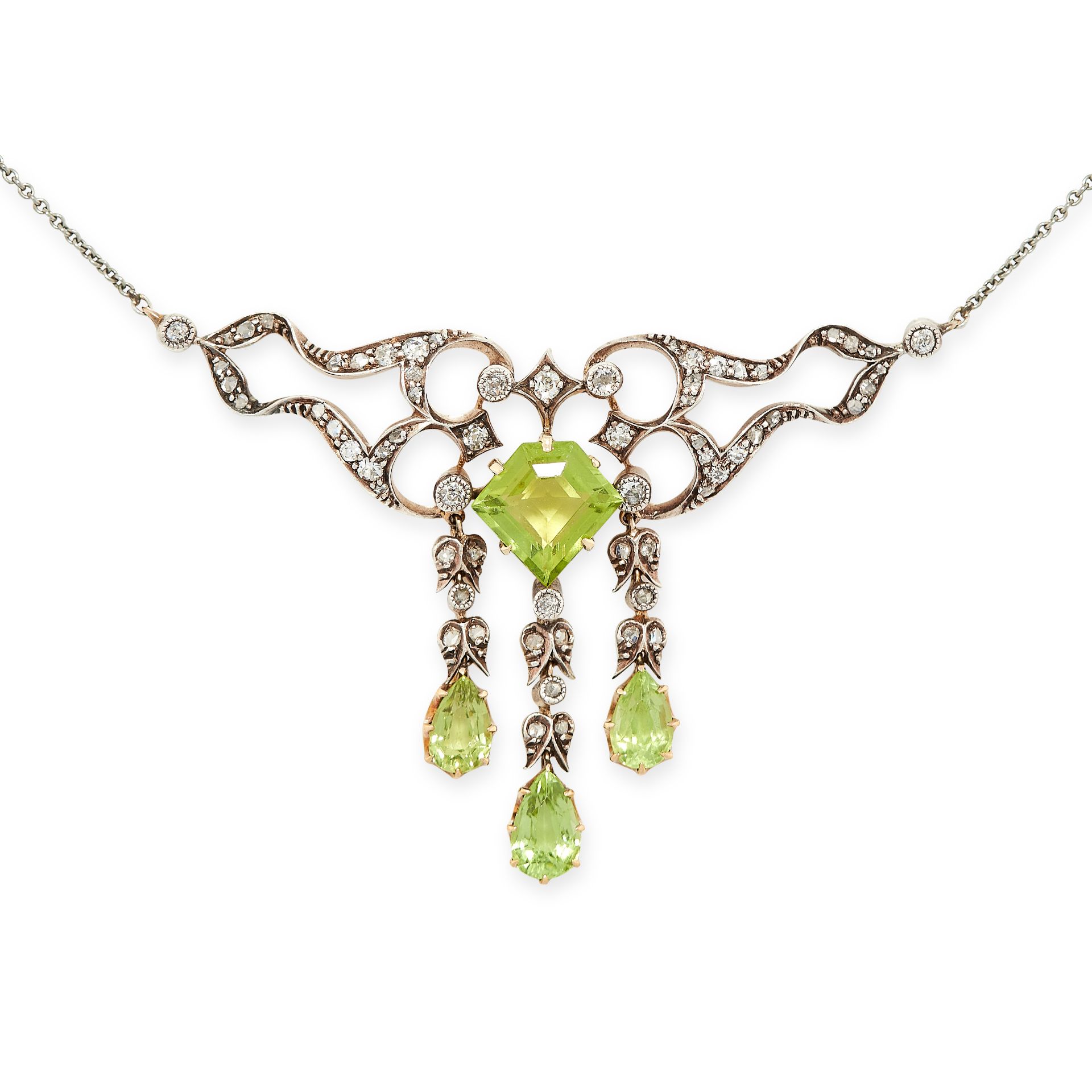 AN ANTIQUE PERIDOT AND DIAMOND NECKLACE the openwork body set with a fancy shaped pentagonal step