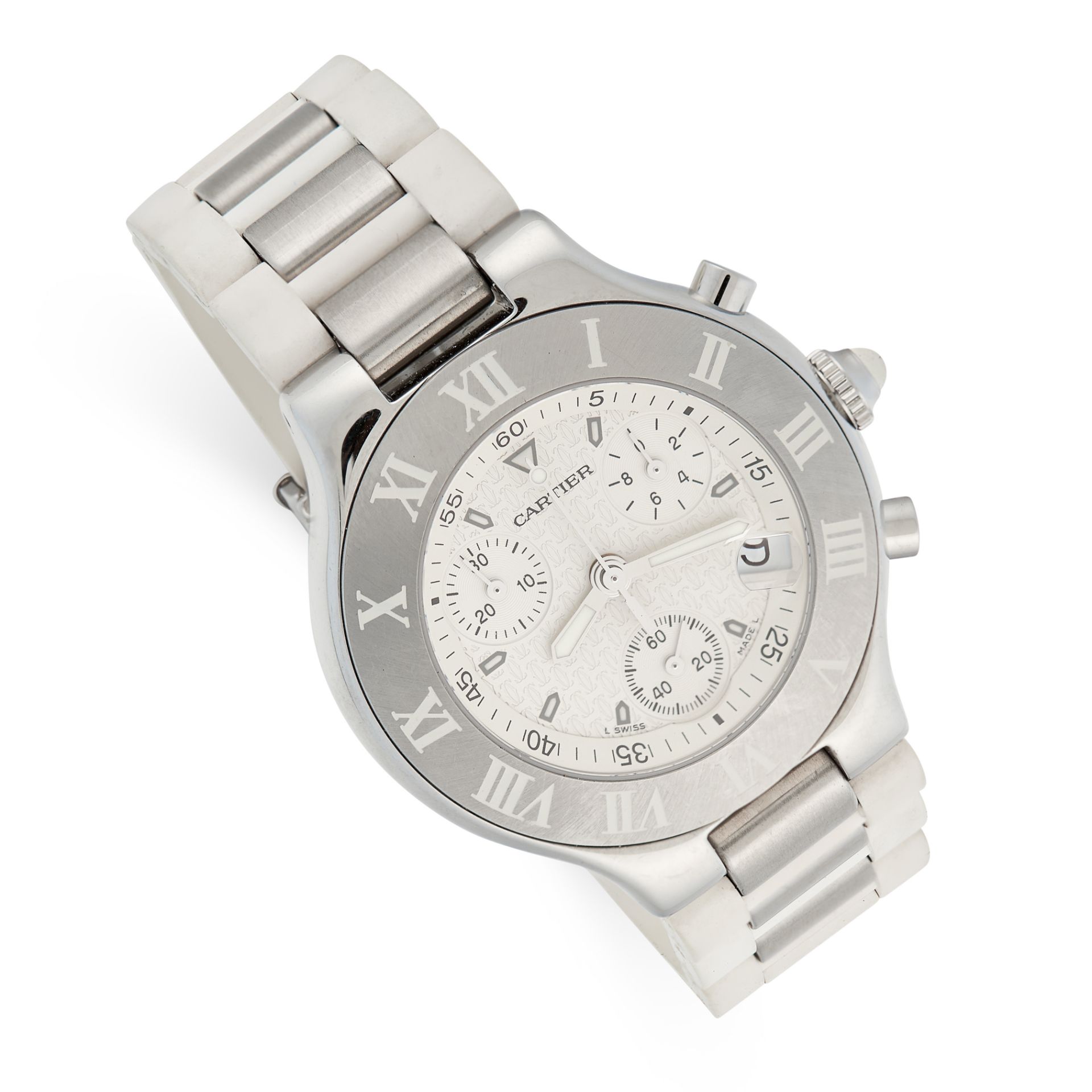 A LADIES CHRONOGRAPH 21 WRIST WATCH, CARTIER in steel, the circular white dial Cartier monogram,