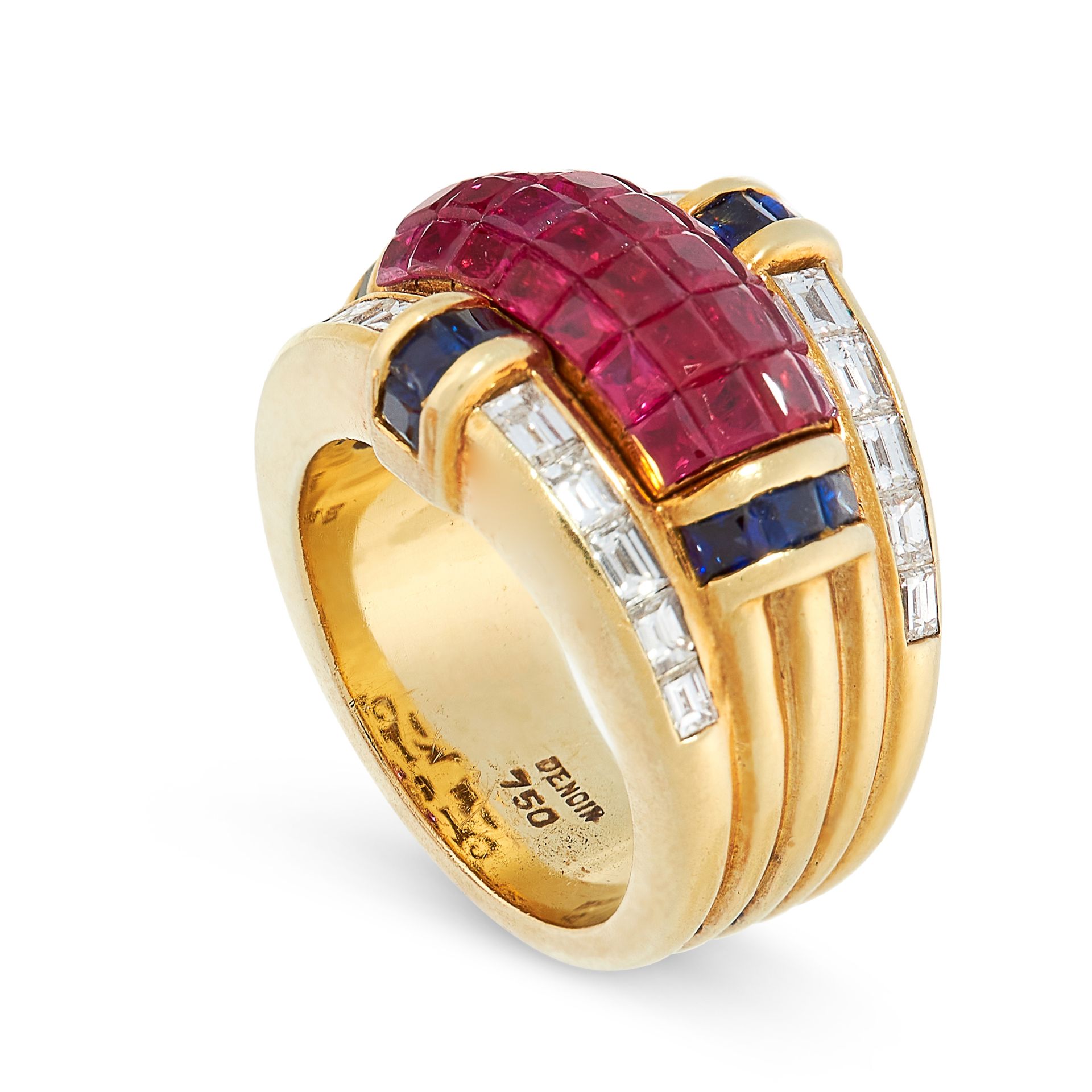 A VINTAGE RUBY, SAPPHIRE AND DIAMOND COCKTAIL RING, CIRCA 1980 in 18ct yellow gold, mystery set with - Image 2 of 2