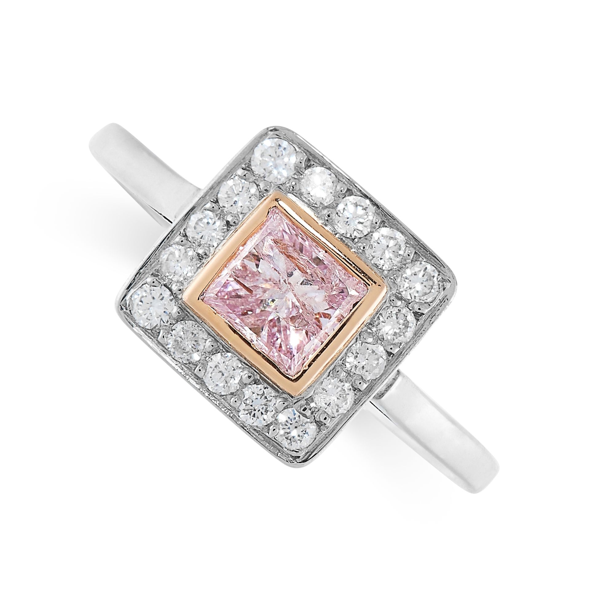 A NATURAL FANCY PURPLE PINK DIAMOND AND WHITE DIAMOND RING in 18ct gold and platinum, set with a