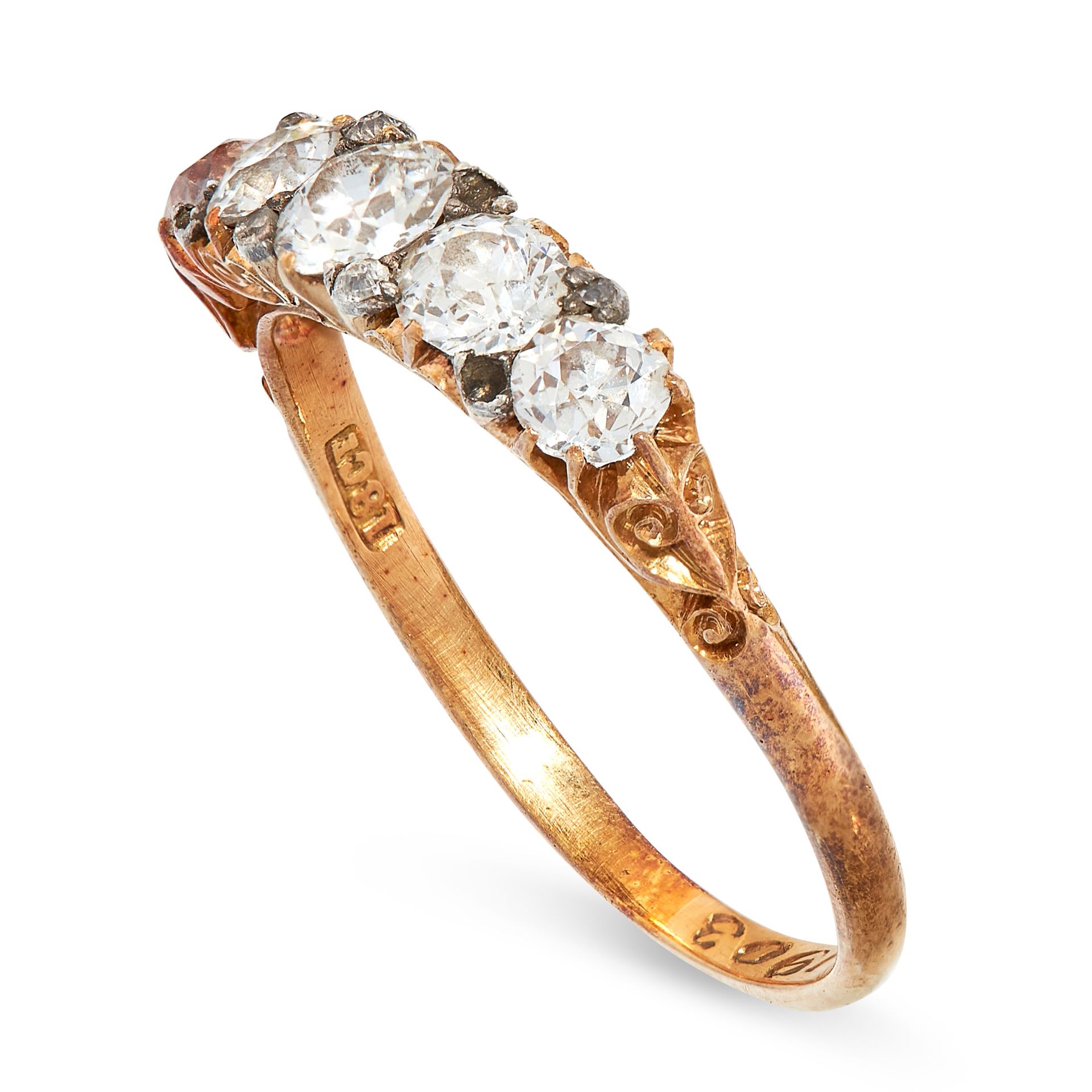 AN ANTIQUE DIAMOND FIVE STONE RING, CIRCA 1900 in 18ct yellow gold, set with five graduated old - Image 2 of 2