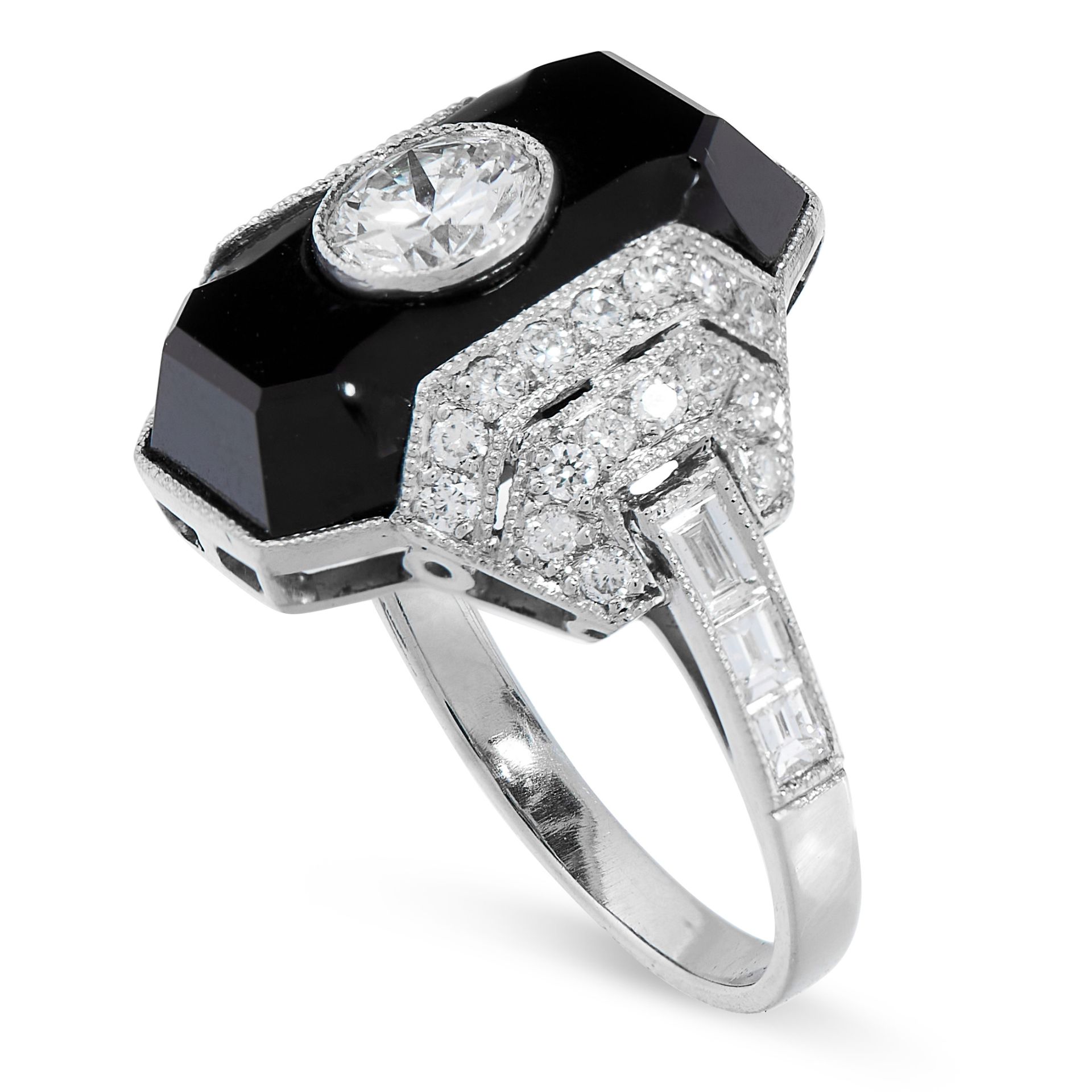 AN ONYX AND DIAMOND DRESS RING set with an old European cut diamond of 0.61 carats, within a - Image 2 of 2