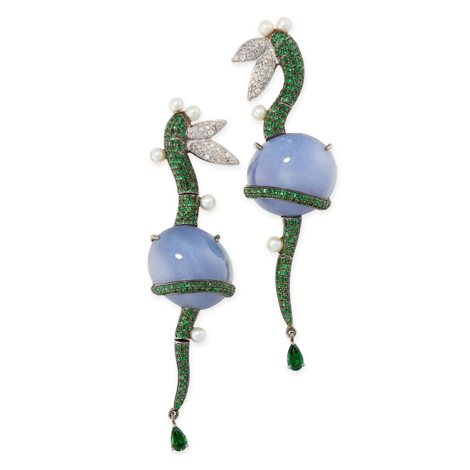 A PAIR OF LAVENDER JADEITE JADE, TSAVORITE GARNET, DIAMOND AND PEARL EARRINGS, FEI LIU in 18ct gold,