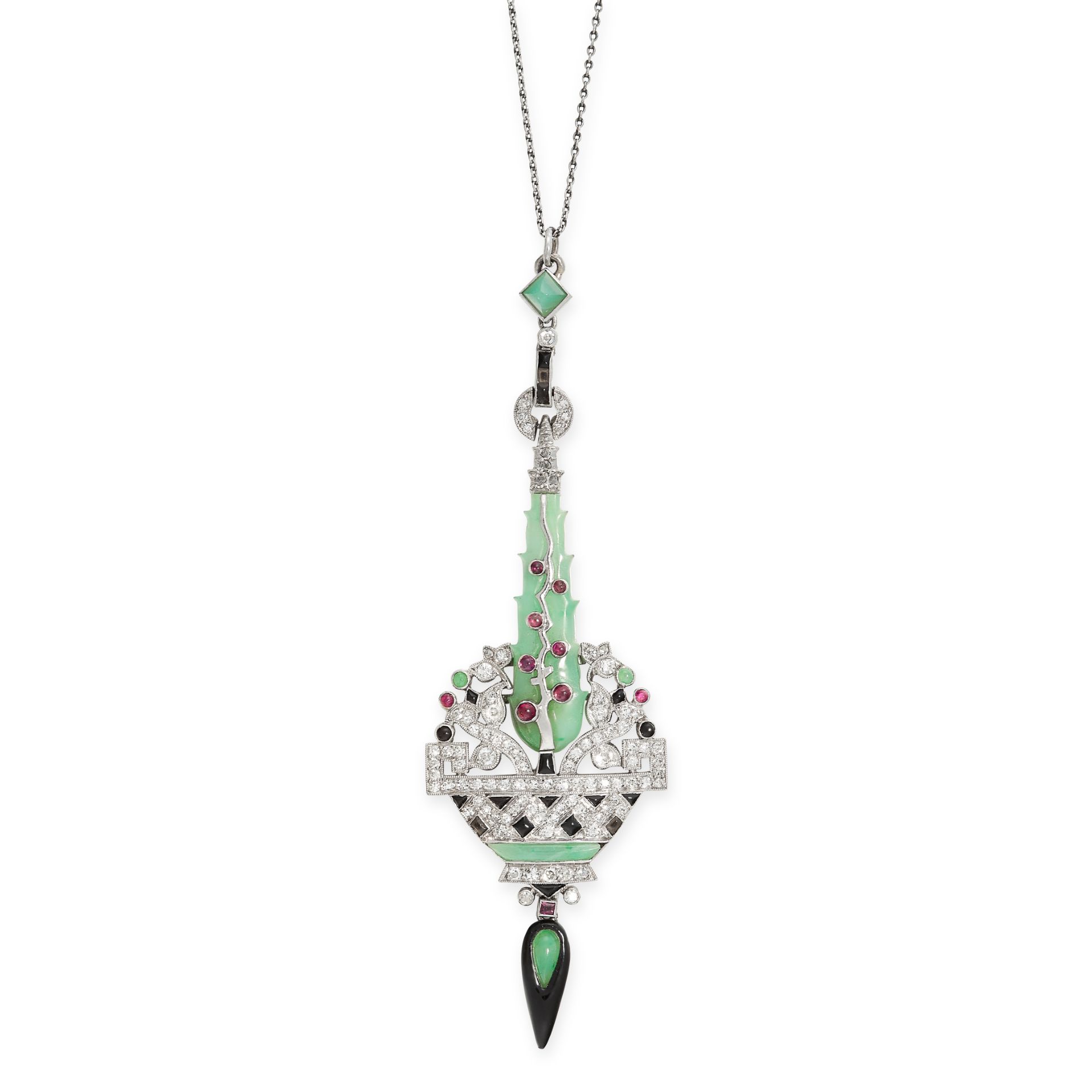 AN EXQUISITE ART DECO JADEITE, RUBY, ONYX, DIAMOND AND ENAMEL GIARDINETTO PENDANT, EARLY 20TH