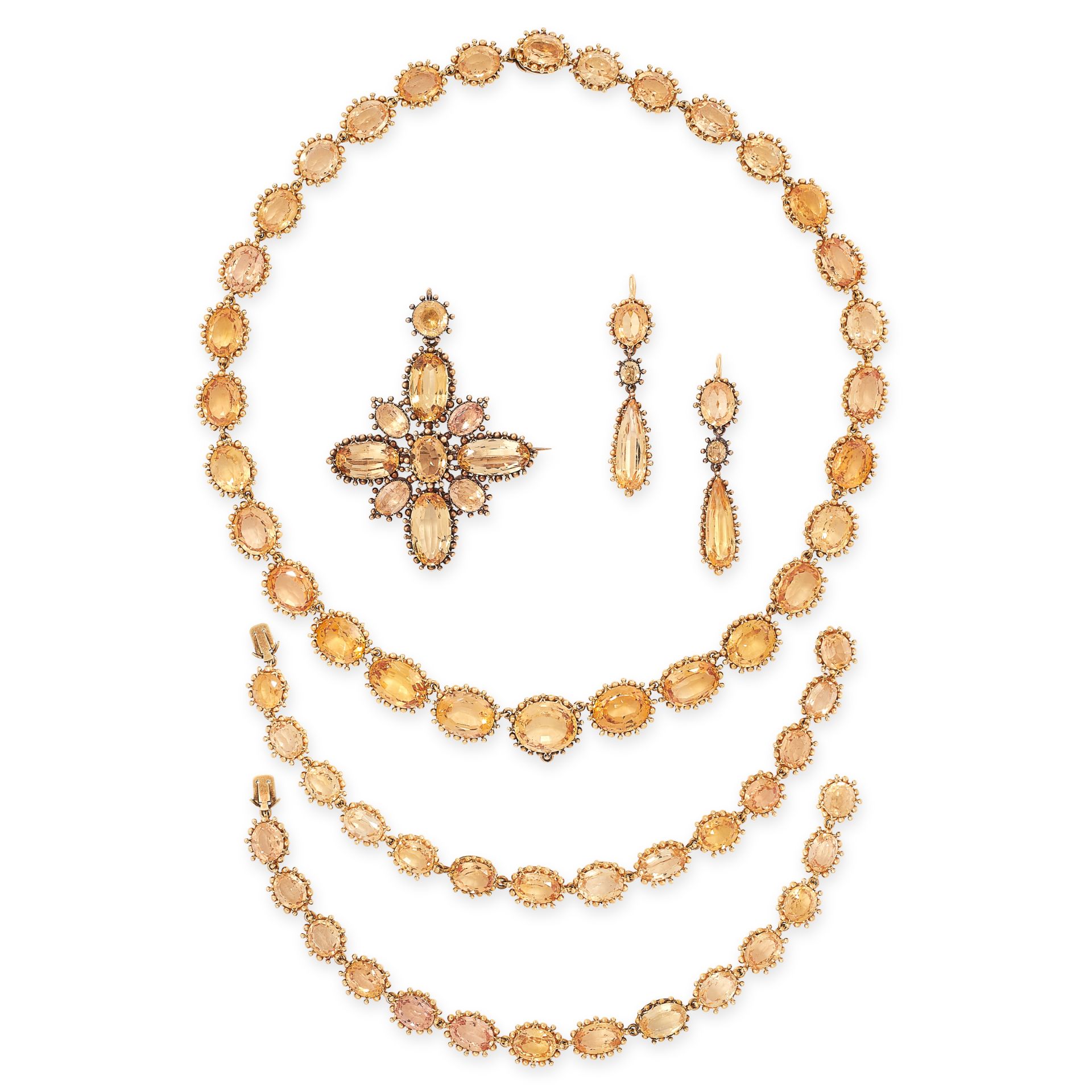 AN ANTIQUE IMPERIAL TOPAZ PARURE, 19TH CENTURY in yellow gold, comprising a necklace with detachable