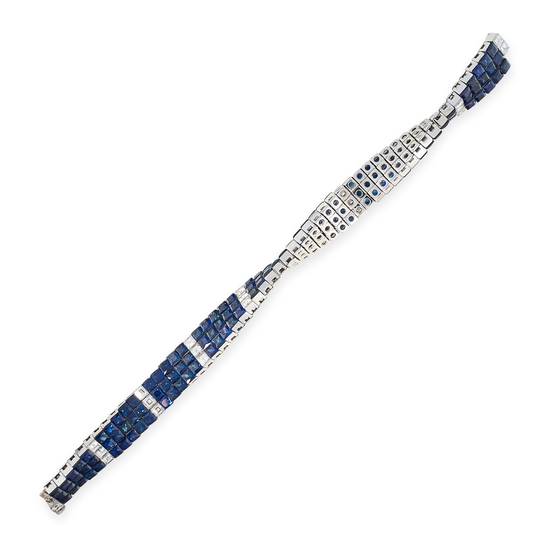 AN EXCEPTIONAL SAPPHIRE AND DIAMOND BRACELET in platinum, of strap design, mystery set with three - Image 2 of 3