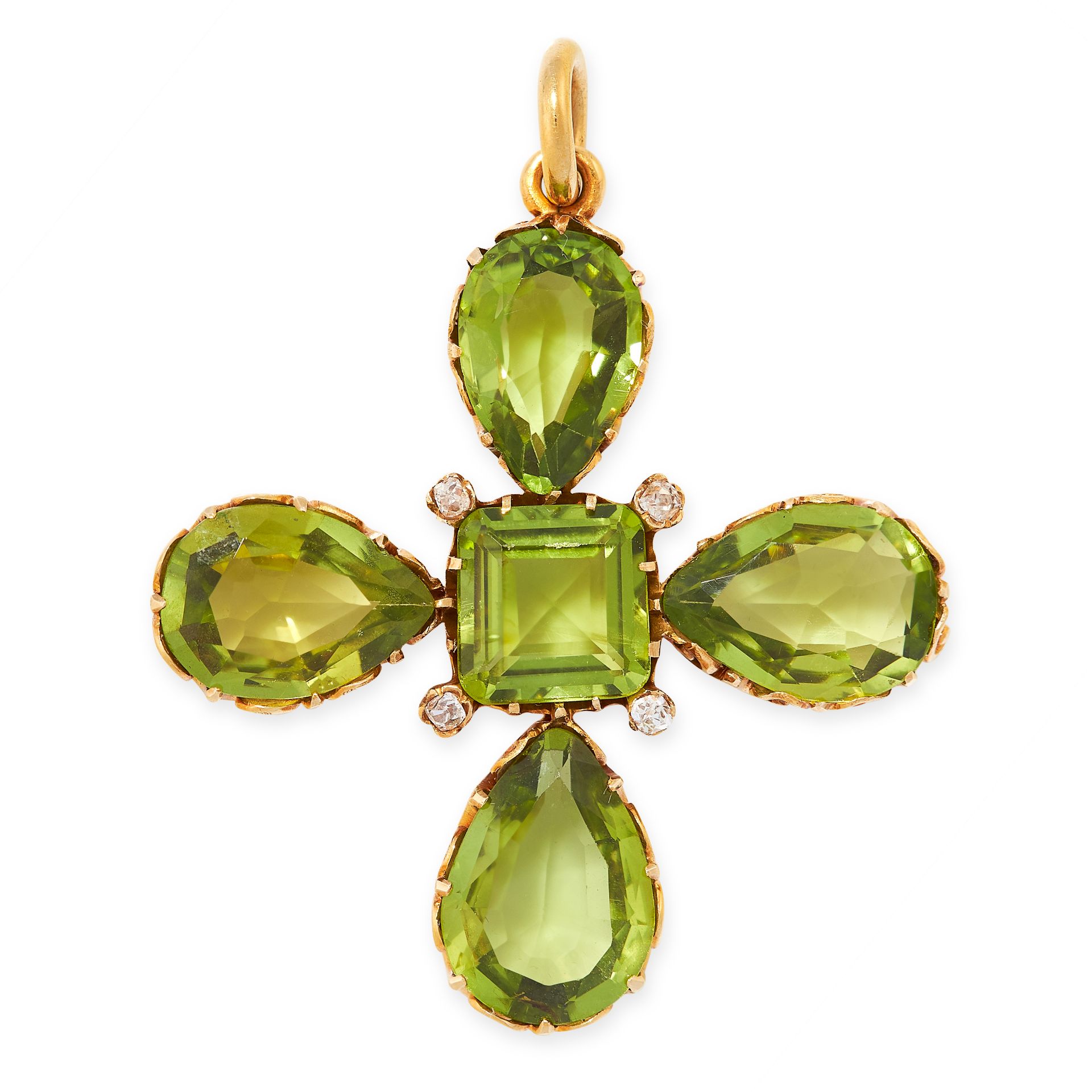 A PERIDOT AND DIAMOND CROSS PENDANT in yellow gold, set with a step cut peridot within a border of