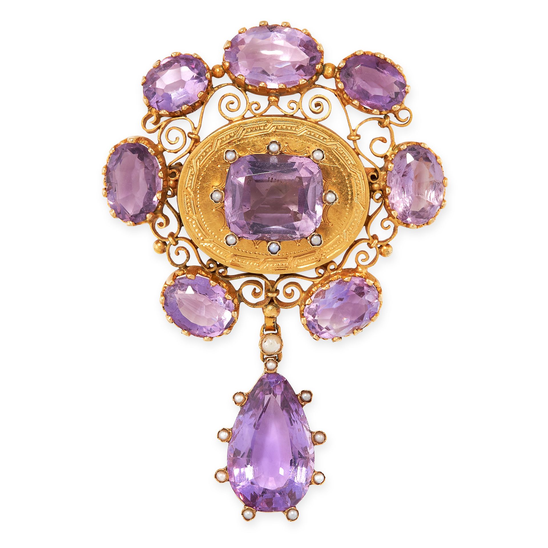 AN ANTIQUE AMETHYST AND PEARL BROOCH in yellow gold, set with a central cushion cut amethyst