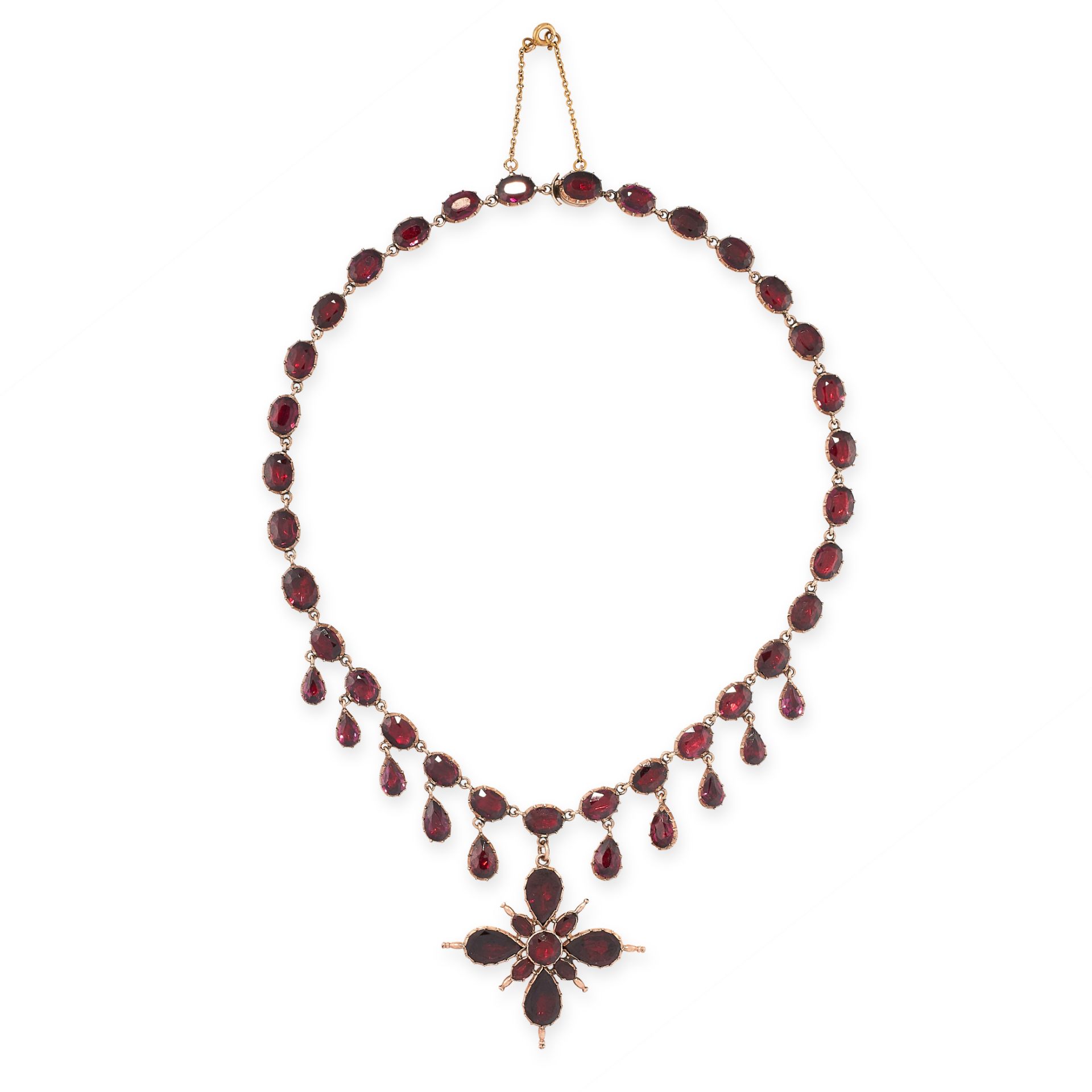 AN ANTIQUE GARNET RIVIERE NECKLACE, 19TH CENTURY in yellow gold, formed of a series of thirty-two