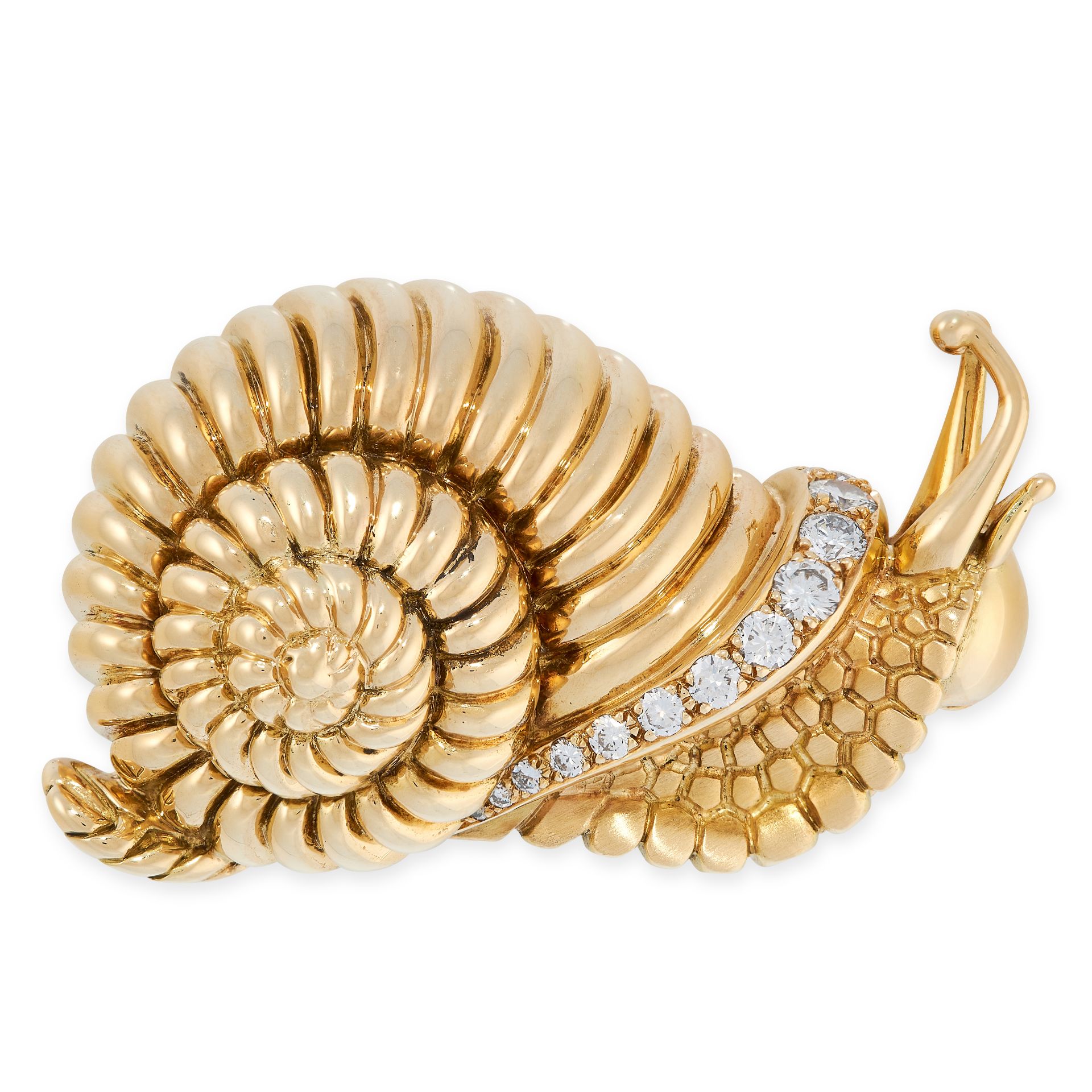 A VINTAGE DIAMOND SNAIL BROOCH, RENE BOIVIN in 18ct yellow gold, designed as a snail, relieved in