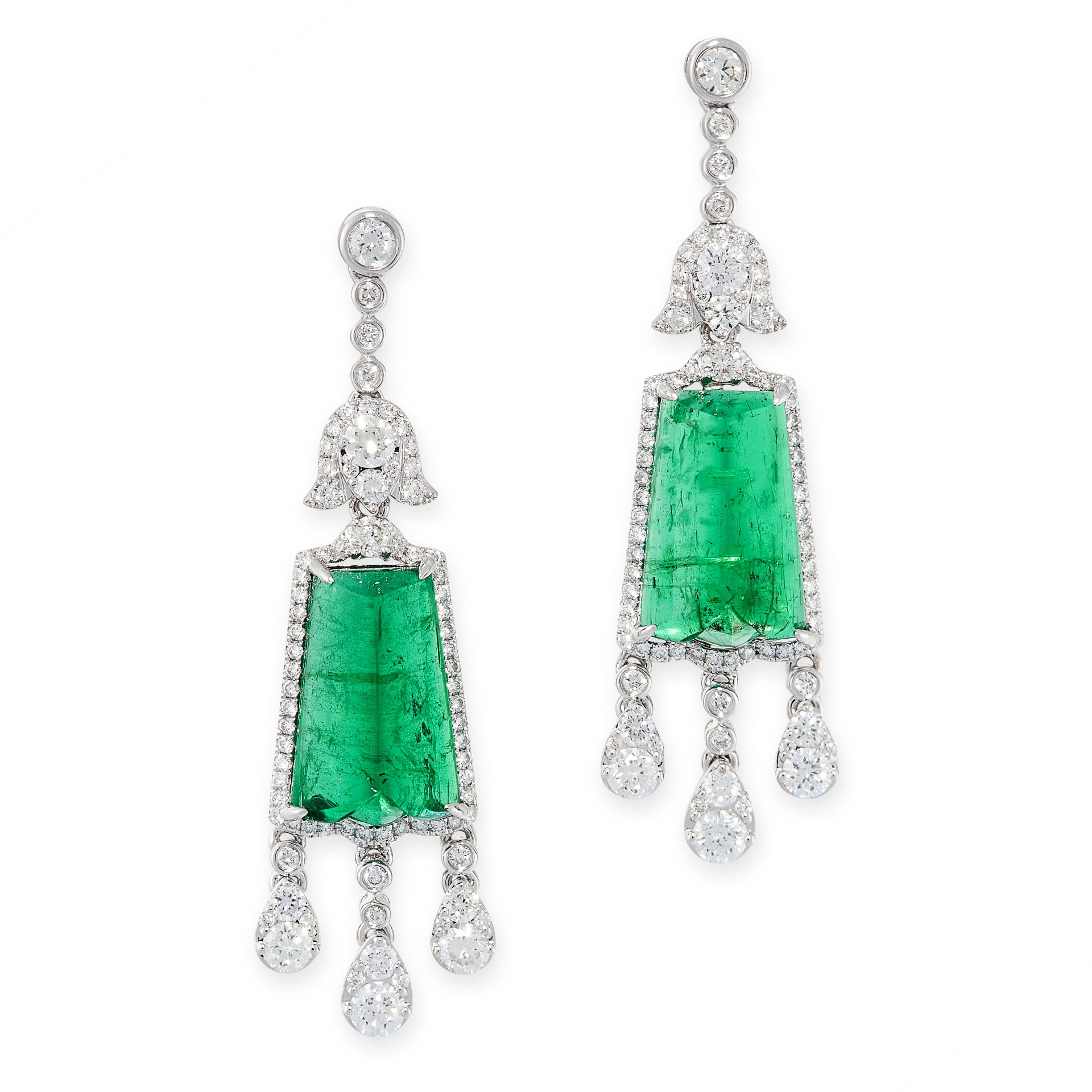 A PAIR OF EMERALD AND DIAMOND EARRINGS, FEI LIU in 18ct white gold, of chandelier design, each set