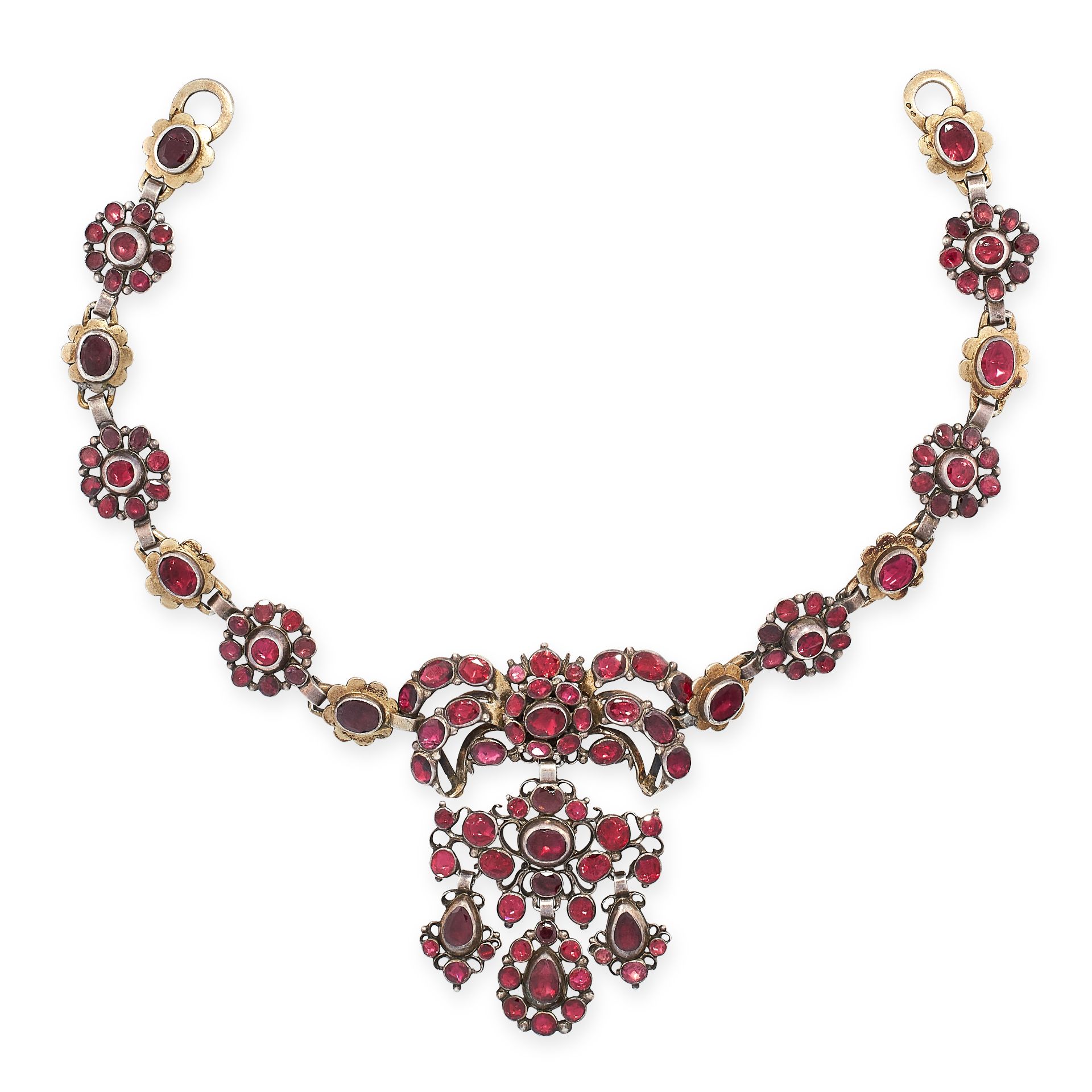 AN ANTIQUE GARNET AND PASTE PENDANT NECKLACE, 19TH CENTURY in yellow gold, the articulated