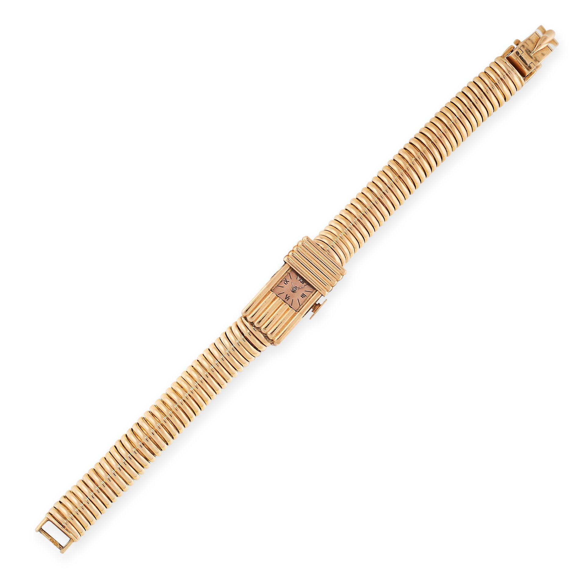 A VINTAGE CONCEALED WRIST WATCH BRACELET in 18ct yellow gold, the articulated gaspipe bracelet