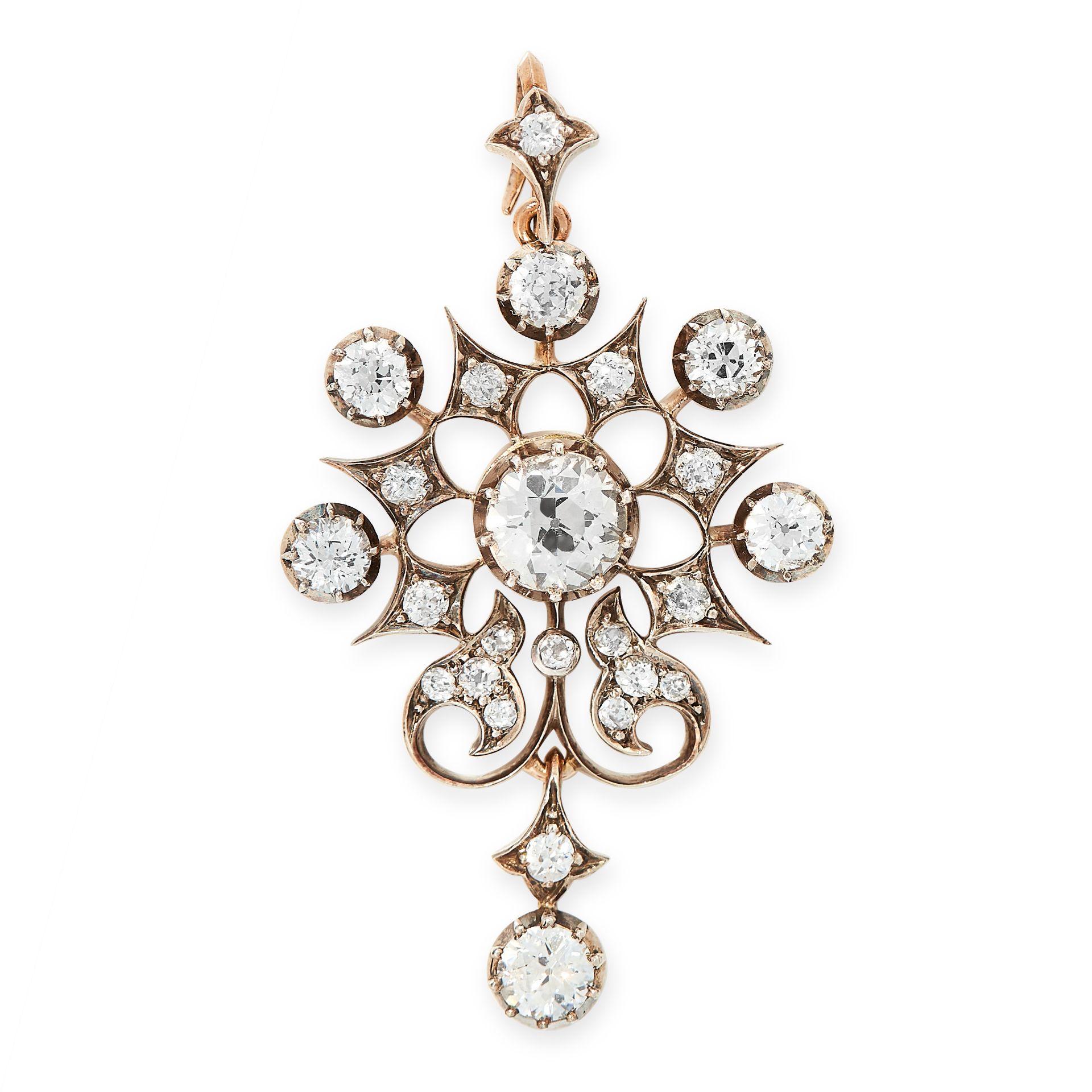 AN ANTIQUE DIAMOND PENDANT, CIRCA 1900 in yellow gold and silver, set with a central old cut diamond