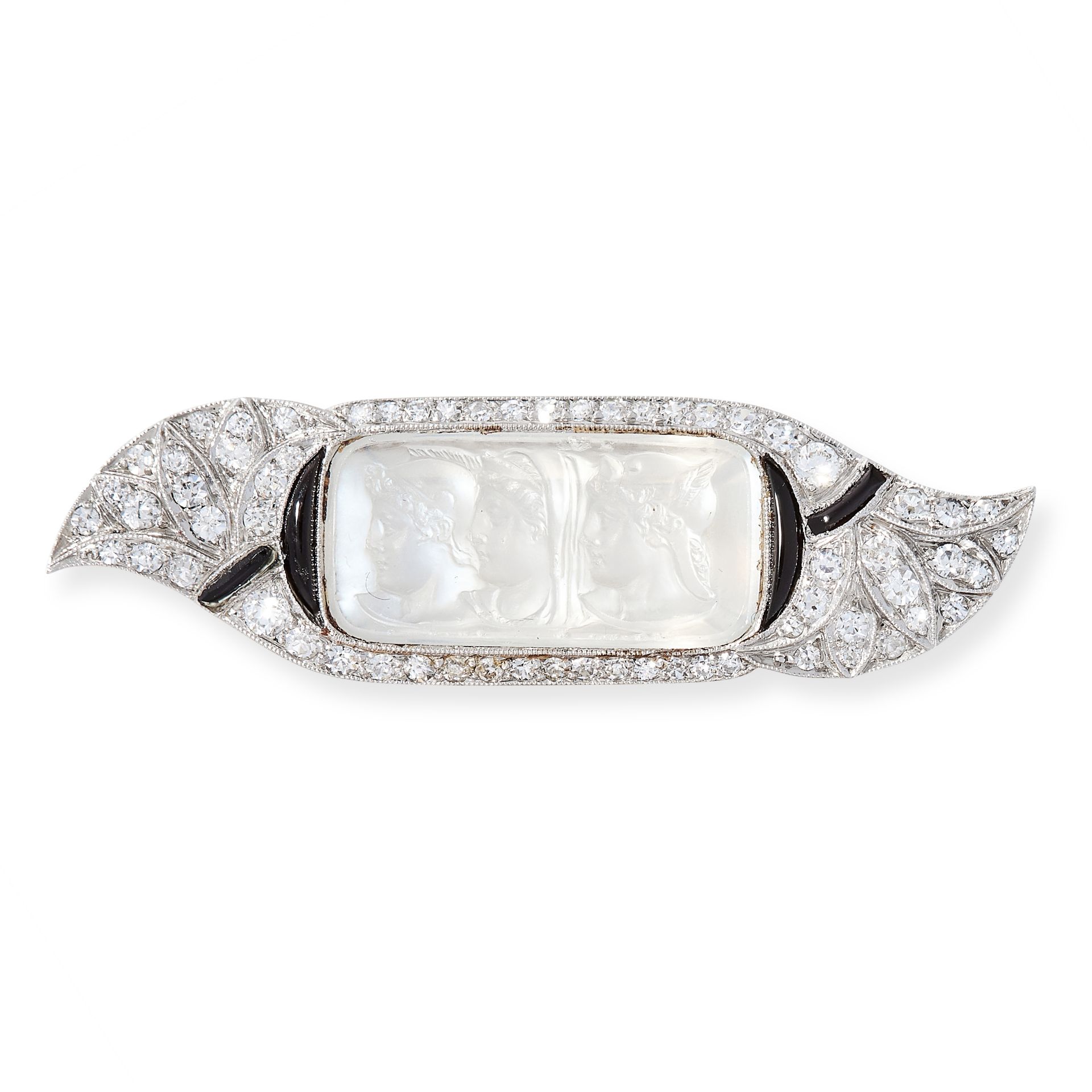 AN ART DECO DIAMOND, ONYX AND MOONSTONE CAMEO BROOCH in platinum, set with a cushion shaped piece of