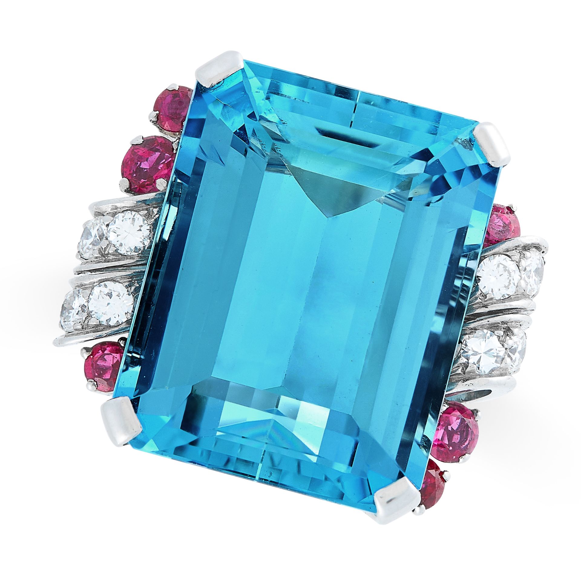 AN EXCEPTIONAL AQUAMARINE, RUBY AND DIAMOND RING, TIFFANY & CO CIRCA 1950 set with an emerald cut