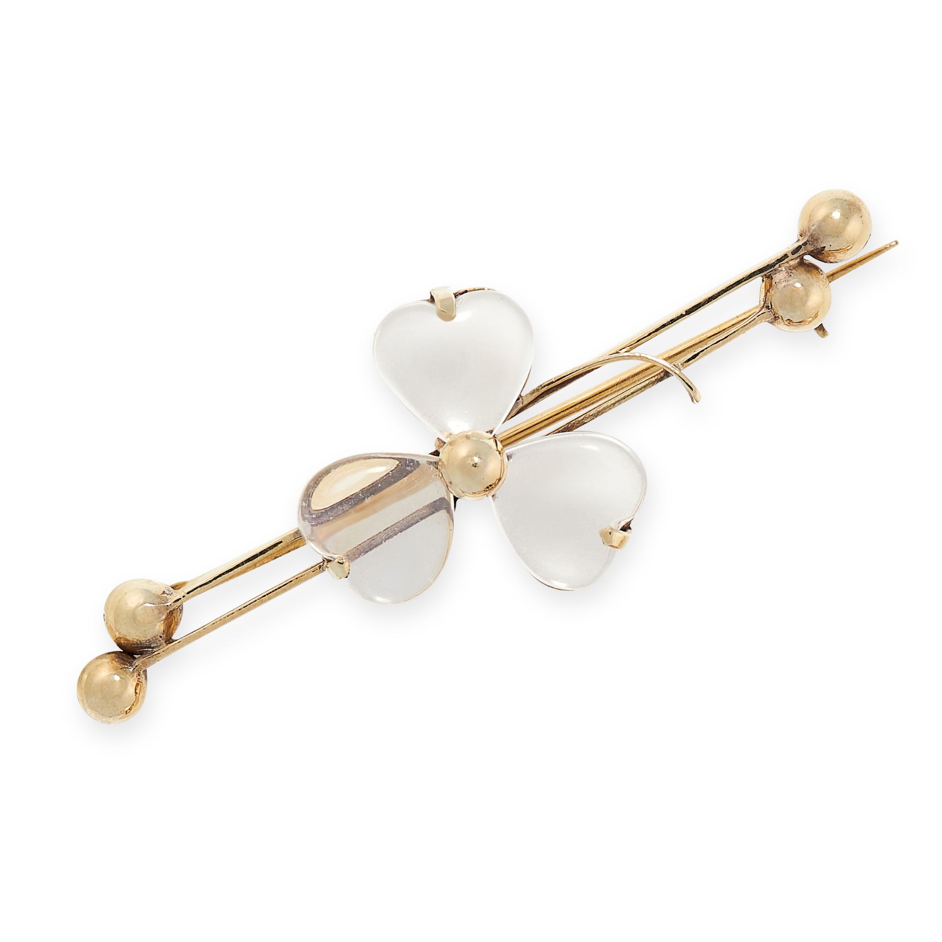 A MOONSTONE SHAMROCK BROOCH, EARLY 20TH CENTURY in 14ct yellow gold, set with a trio of heart shaped