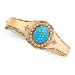 AN ANTIQUE TURQUOISE AND DIAMOND BANGLE, 19TH CENTURY in yellow gold, the tapering body with a