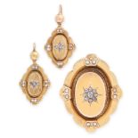 AN ANTIQUE DIAMOND AND PEARL MOURNING LOCKET BROOCH AND EARRINGS SUITE, 19TH CENTURY in yellow gold,