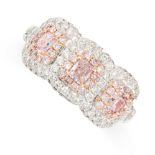 A PINK DIAMOND AND WHITE DIAMOND RING in 18ct white gold, set with three radiant cut pink diamonds