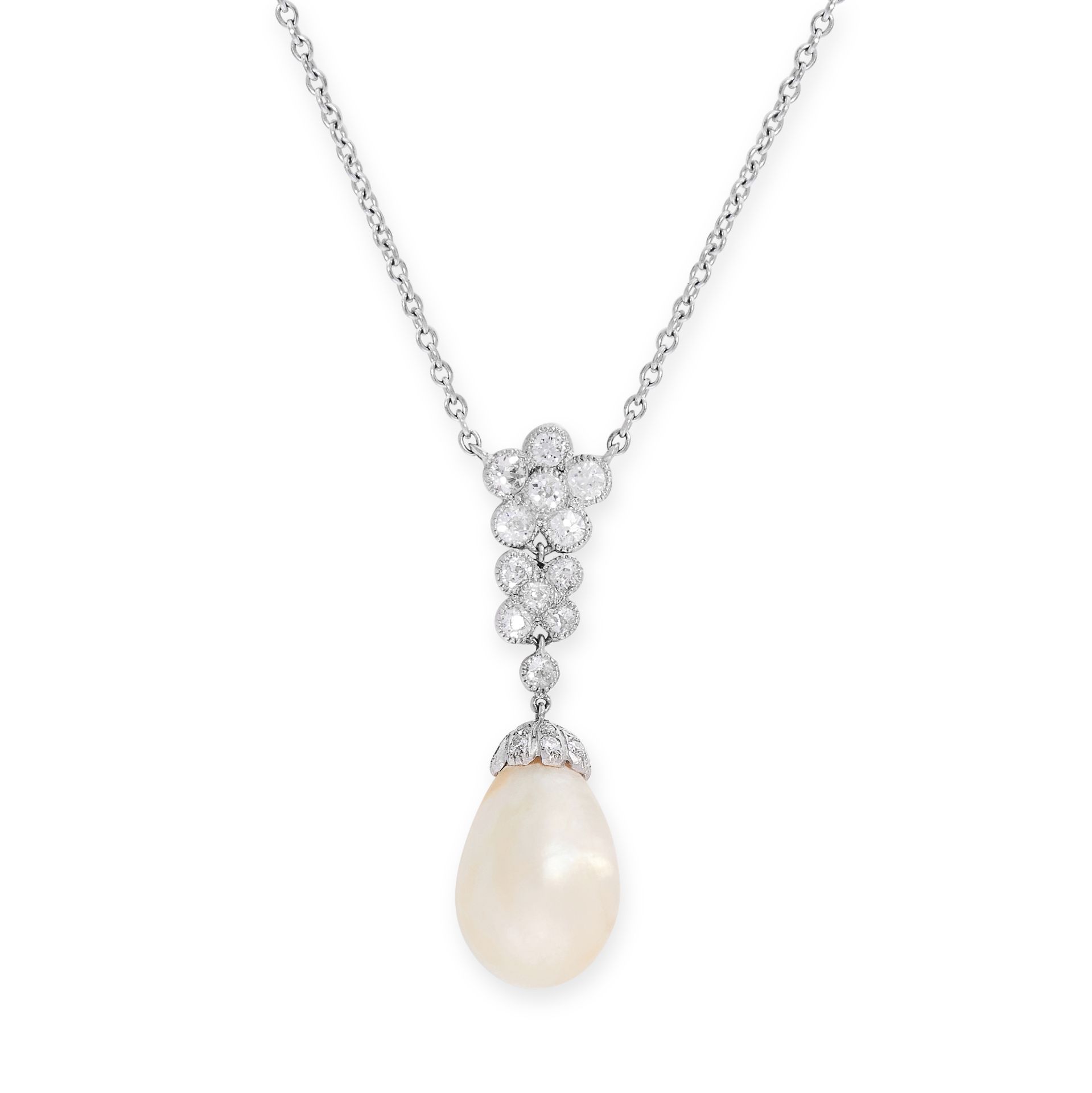 A NATURAL PEARL AND DIAMOND PENDANT NECKLACE set with a drop shaped pearl of 15.3mm, suspended below