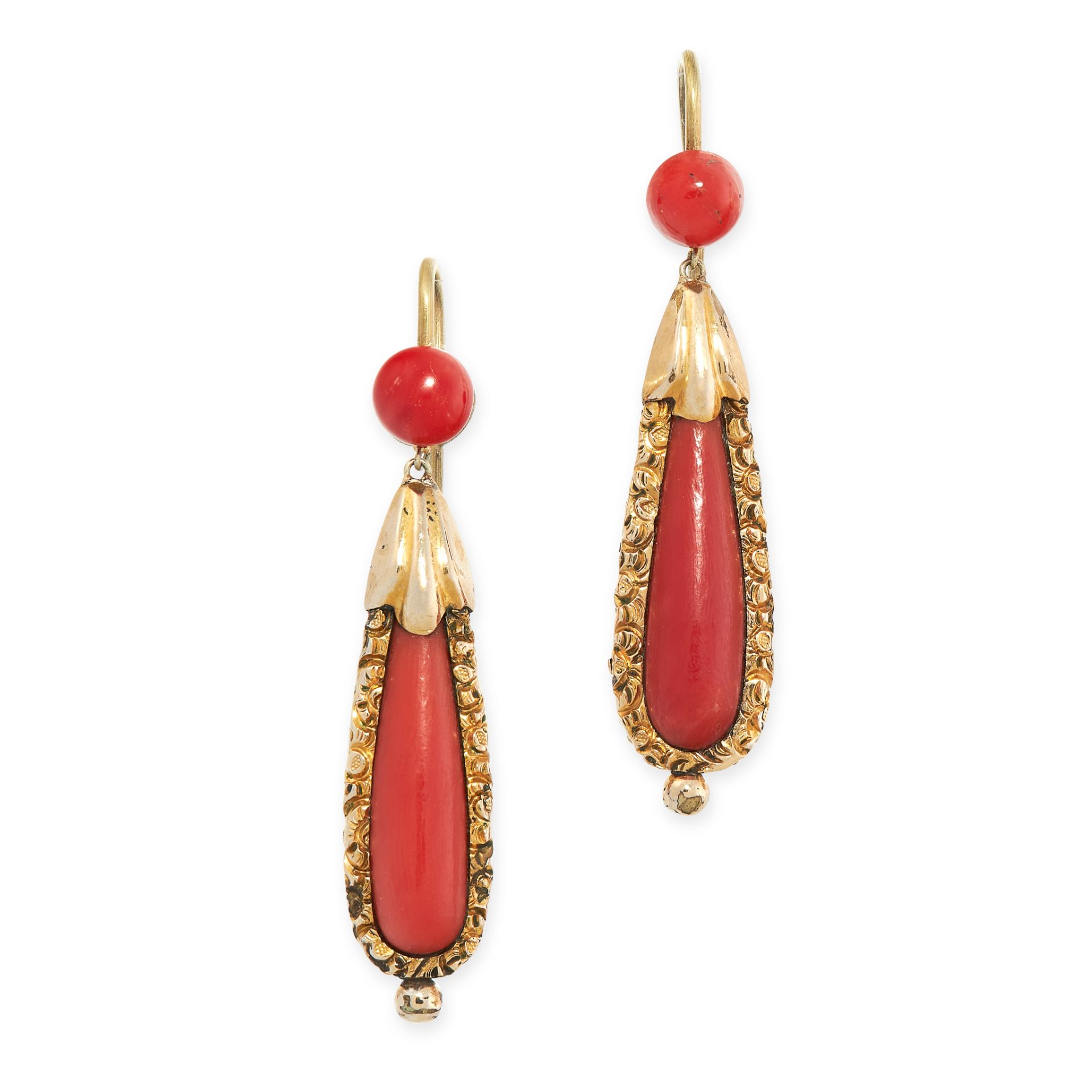 A PAIR OF ANTIQUE CORAL EARRINGS, 19TH CENTURY each set with a polished drop shaped coral within a