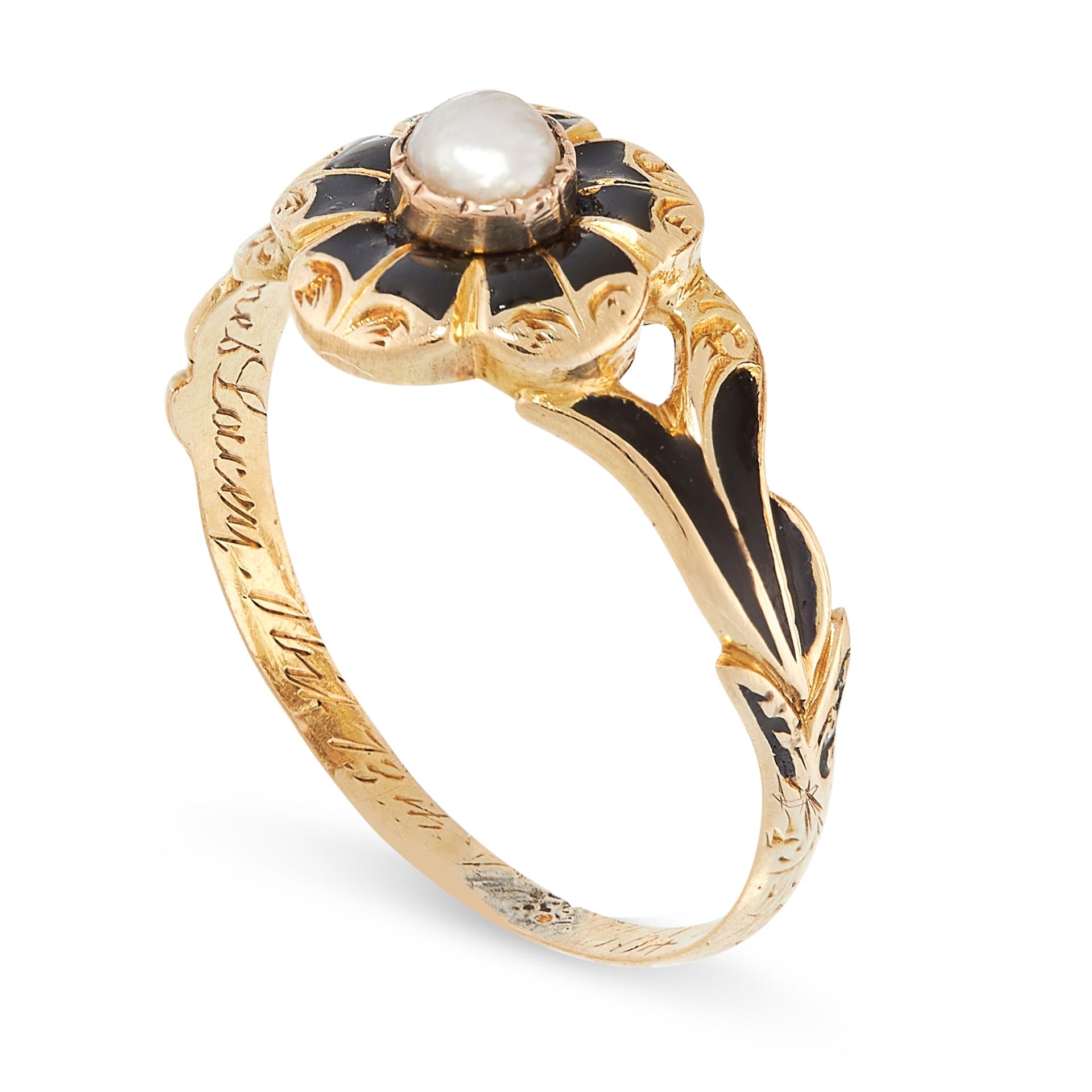 AN ANTIQUE HAIRWORK, PEARL AND ENAMEL MOURNING RING in yellow gold, designed as a flower, the centre - Image 2 of 2