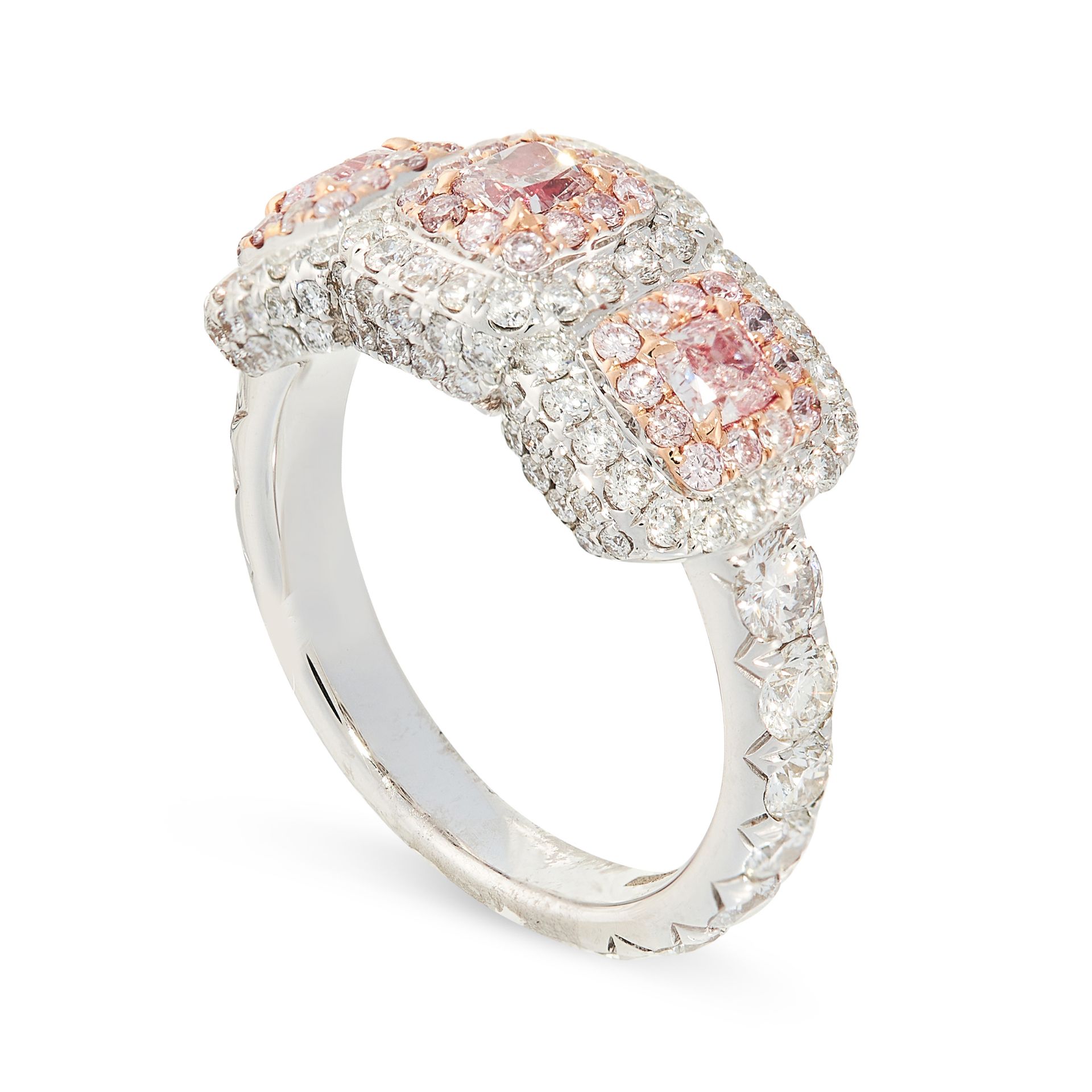 A PINK DIAMOND AND WHITE DIAMOND RING in 18ct white gold, set with three radiant cut pink diamonds - Image 2 of 2