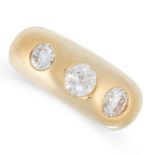 A DIAMOND GYPSY RING in yellow gold, the band set with three round cut diamonds, the diamonds all