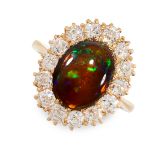 A BLACK OPAL AND DIAMOND CLUSTER RING in 18ct yellow gold, set with an oval cabochon black opal of