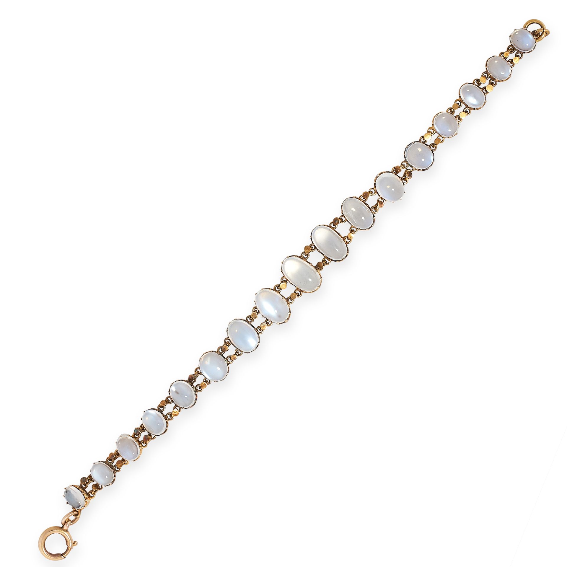 AN ANTIQUE MOONSTONE BRACELET in yellow gold, comprising a single row of oval cabochon moonstones,