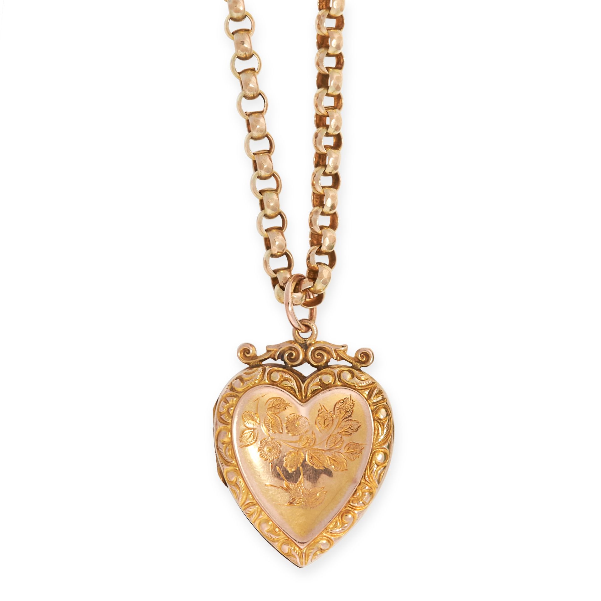 AN ANTIQUE LOCKET PENDANT AND CHAIN the hinged heart shaped body with chased and engraved foliate