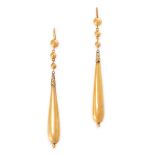 A PAIR OF ANTIQUE GOLD DROP EARRINGS, 19TH CENTURY in yellow gold, each suspending an elongated