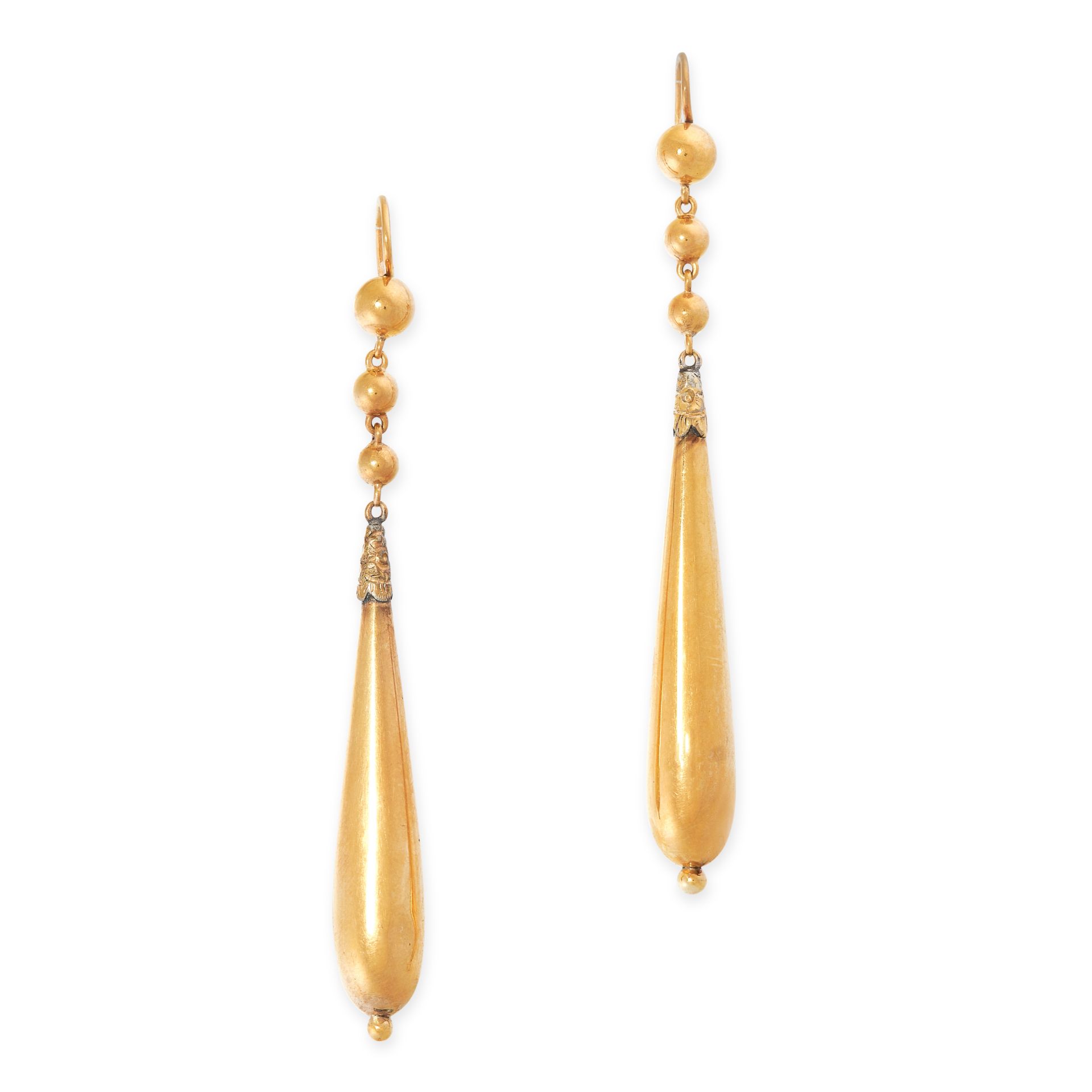 A PAIR OF ANTIQUE GOLD DROP EARRINGS, 19TH CENTURY in yellow gold, each suspending an elongated