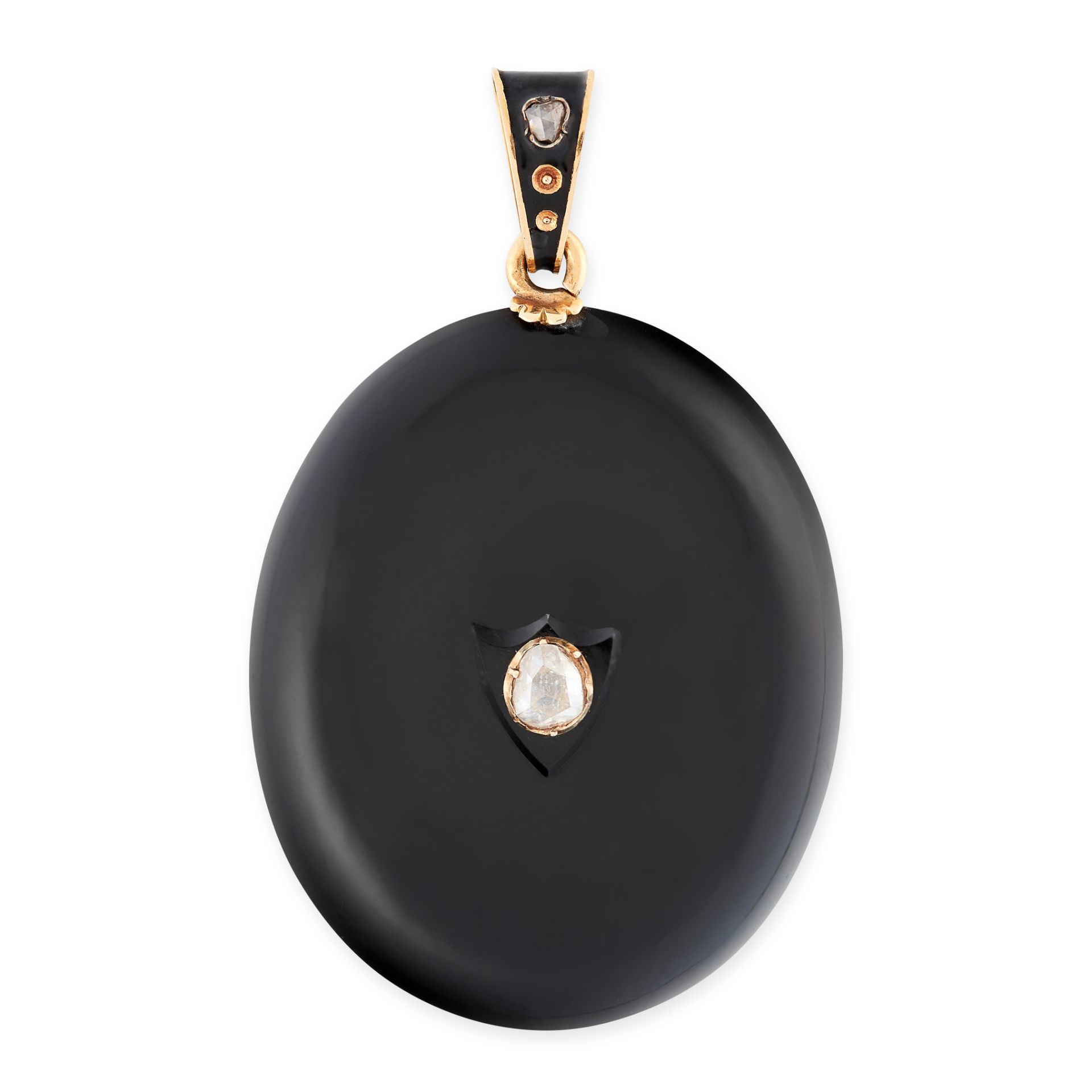 AN ANTIQUE ONYX, ENAMEL AND DIAMOND MOURNING LOCKET PENDANT, 19TH CENTURY in yellow gold, the body
