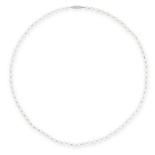 A PEARL AND DIAMOND NECKLACE designed as a single row of pearls measuring 4.8mm diameter, threaded