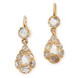 A PAIR OF DIAMOND DROP EARRINGS in yellow gold, the articulated bodies formed of circular and pear