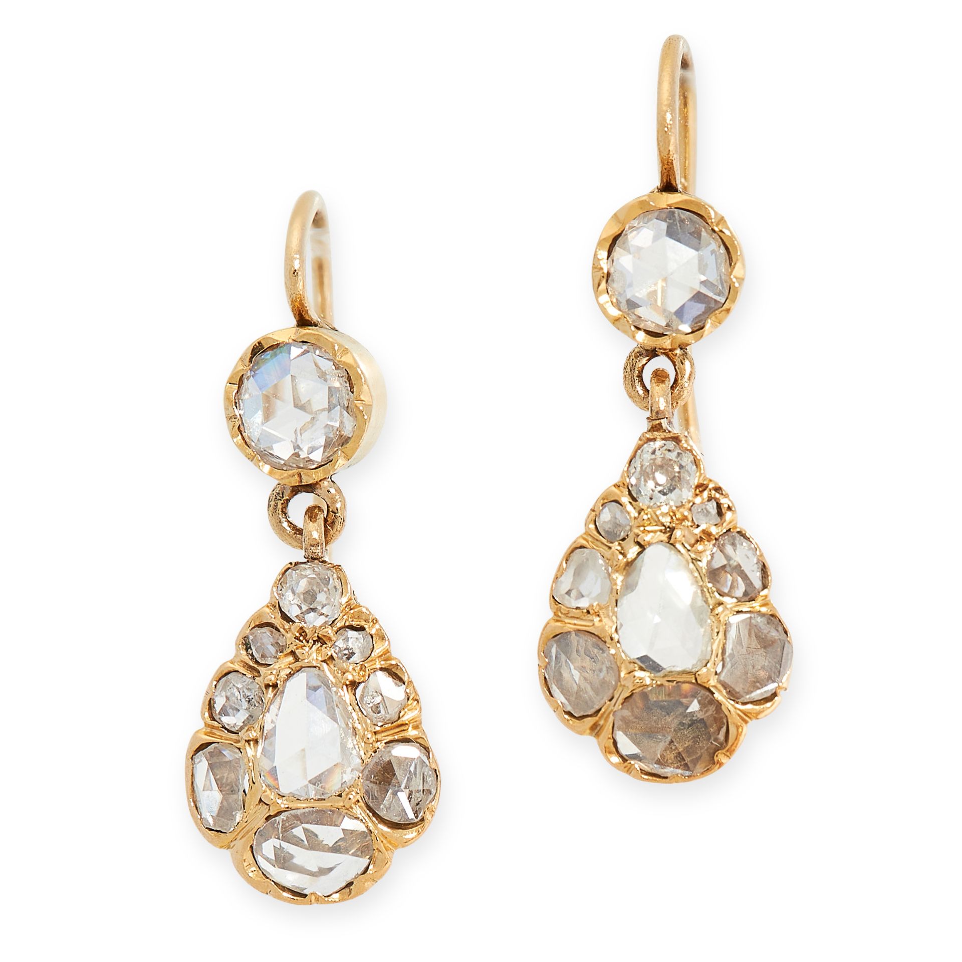 A PAIR OF DIAMOND DROP EARRINGS in yellow gold, the articulated bodies formed of circular and pear