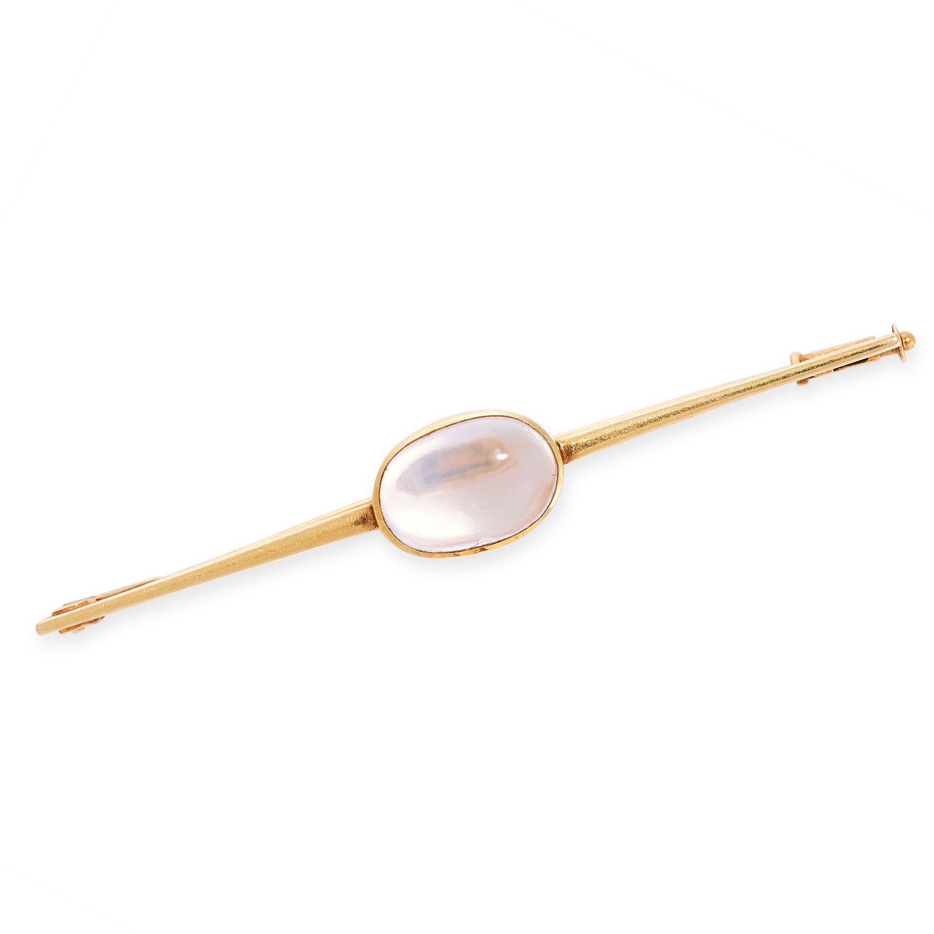 A VINTAGE MOONSTONE BAR BROOCH in 18ct yellow gold, set with an oval cabochon moonstone, stamped