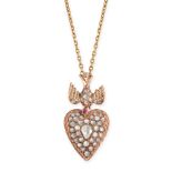 AN ANTIQUE DIAMOND AND RUBY ST ESPRIT PENDANT in yellow gold, designed as dove, jewelled with rose
