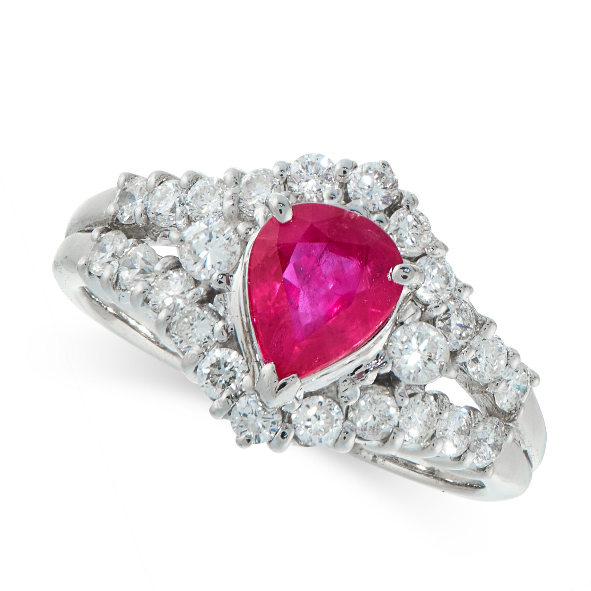 A RUBY AND DIAMOND RING claw-set with a pear-shaped ruby of 1.02 carats, the border and shoulders
