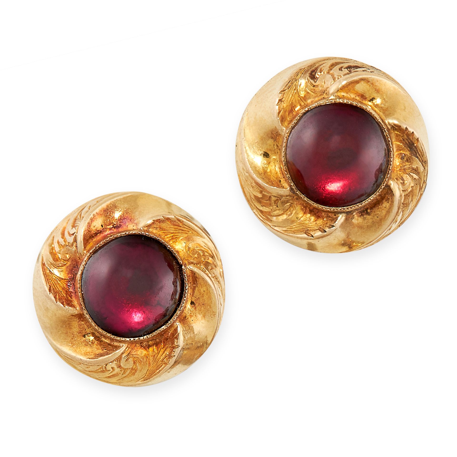 A PAIR OF ANTIQUE GARNET STUD EARRINGS, 19TH CENTURY in yellow gold, each set with a round