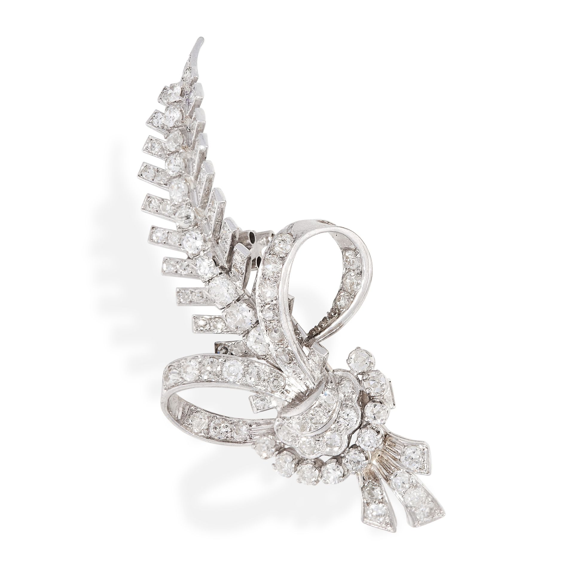 A VINTAGE DIAMOND BROOCH, CIRCA 1950 in 18ct white gold, designed as a spray of foliage tied with