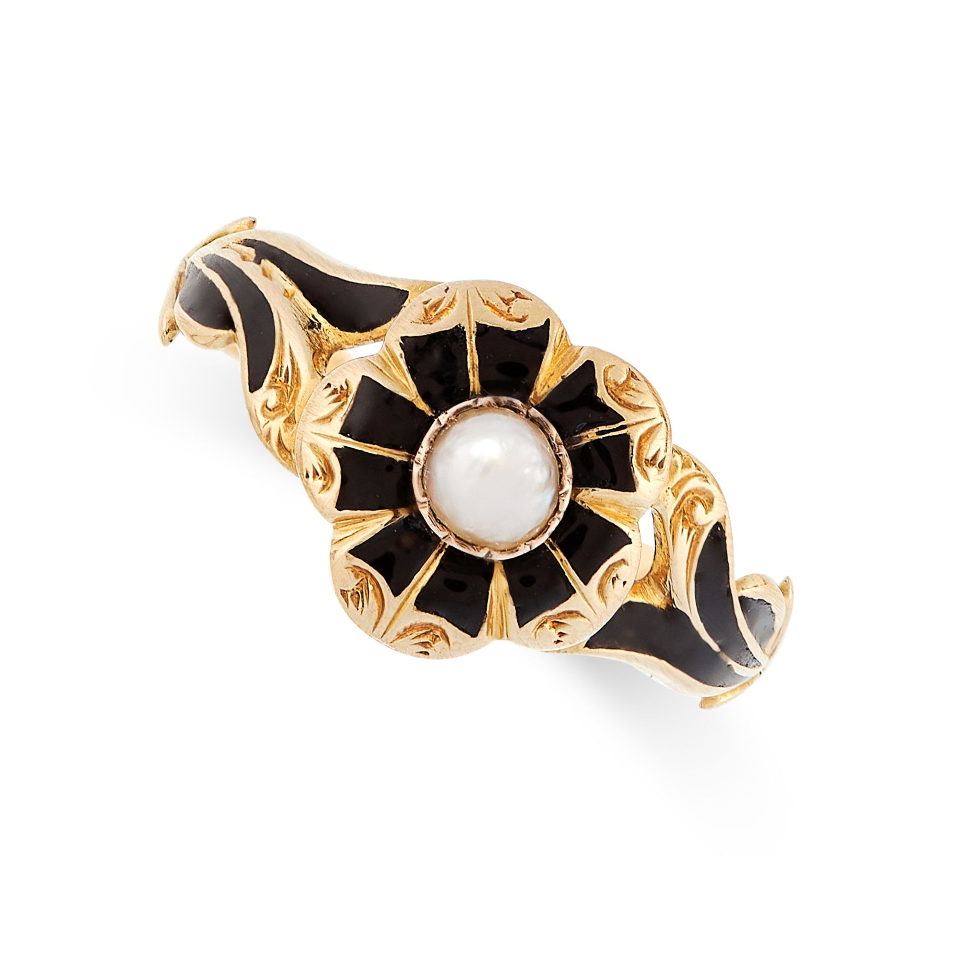 AN ANTIQUE HAIRWORK, PEARL AND ENAMEL MOURNING RING in yellow gold, designed as a flower, the centre