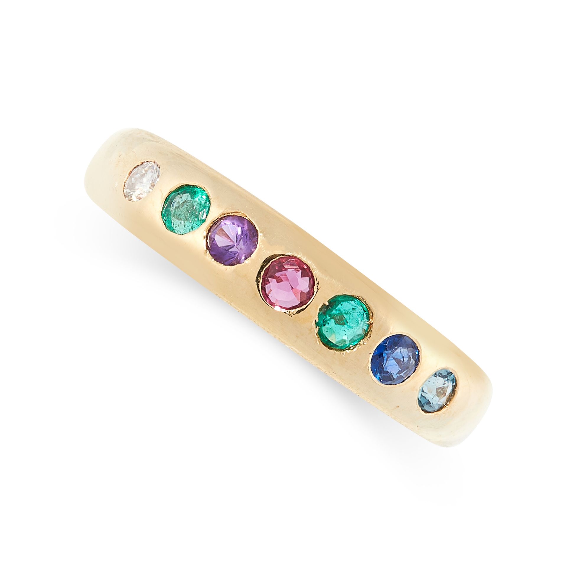 A GEMSET DEAREST RING in 18ct yellow gold, set with a row of round cut diamond, emerald, amethyst,