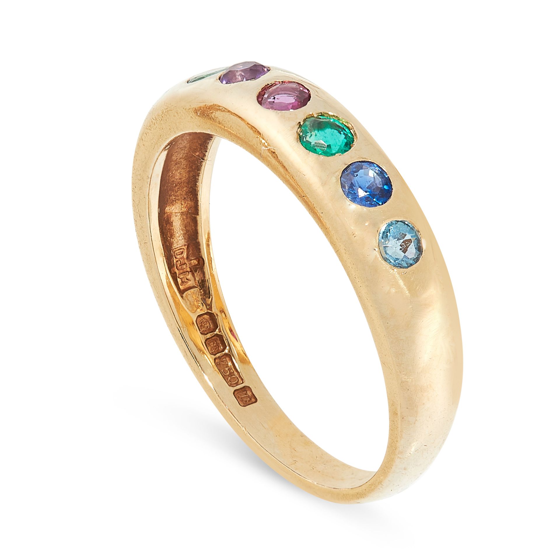 A GEMSET DEAREST RING in 18ct yellow gold, set with a row of round cut diamond, emerald, amethyst, - Image 2 of 2