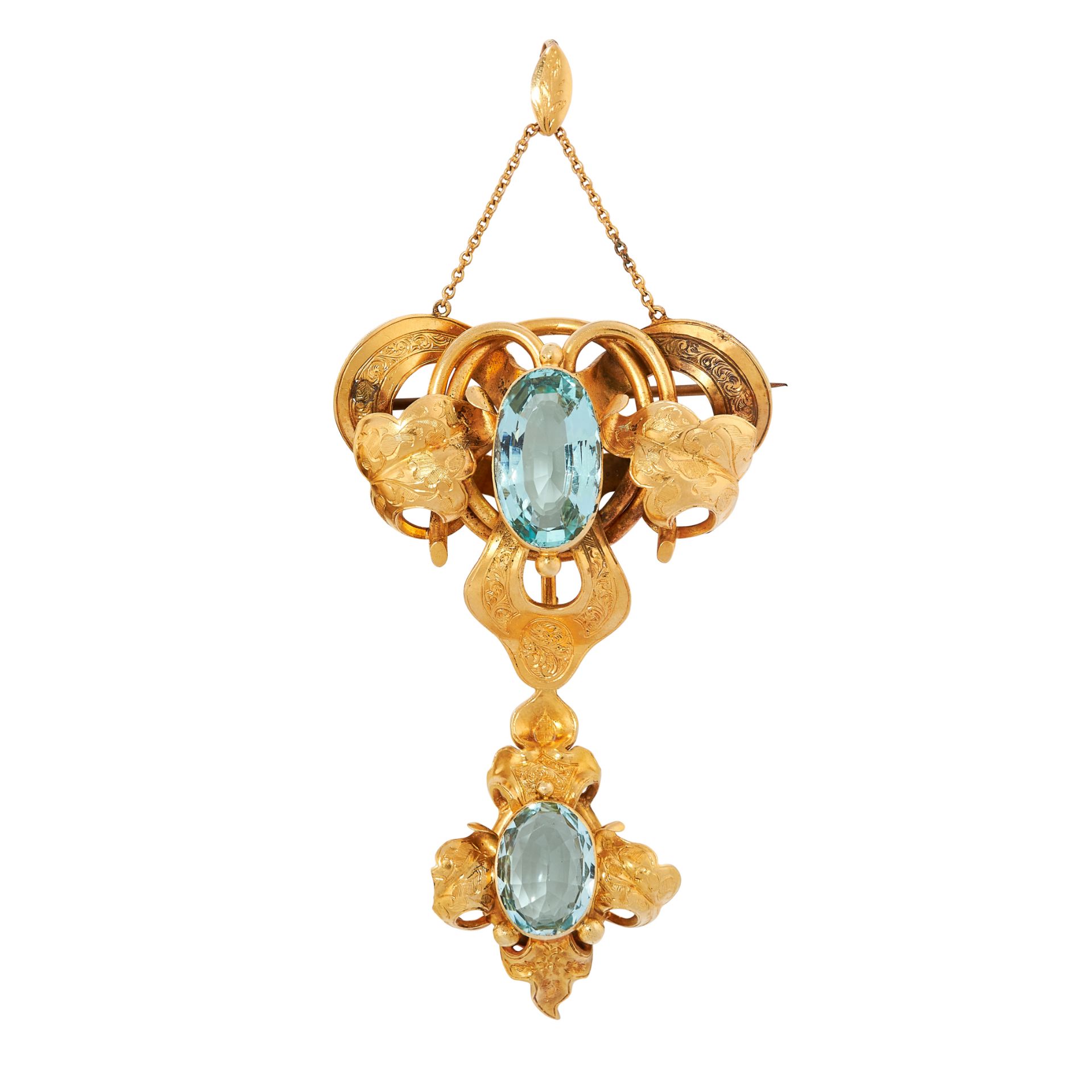 AN ANTIQUE AQUAMARINE BROOCH / PENDANT, 19TH CENTURY in yellow gold, set with two oval cut