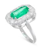 A COLOMBIAN EMERALD AND DIAMOND RING set with an emerald cut emerald of 2.39 carats within a cluster