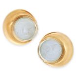 A PAIR OF CARVED MOONSTONE MAN IN THE MOON EARRINGS in yellow gold, each set with circular