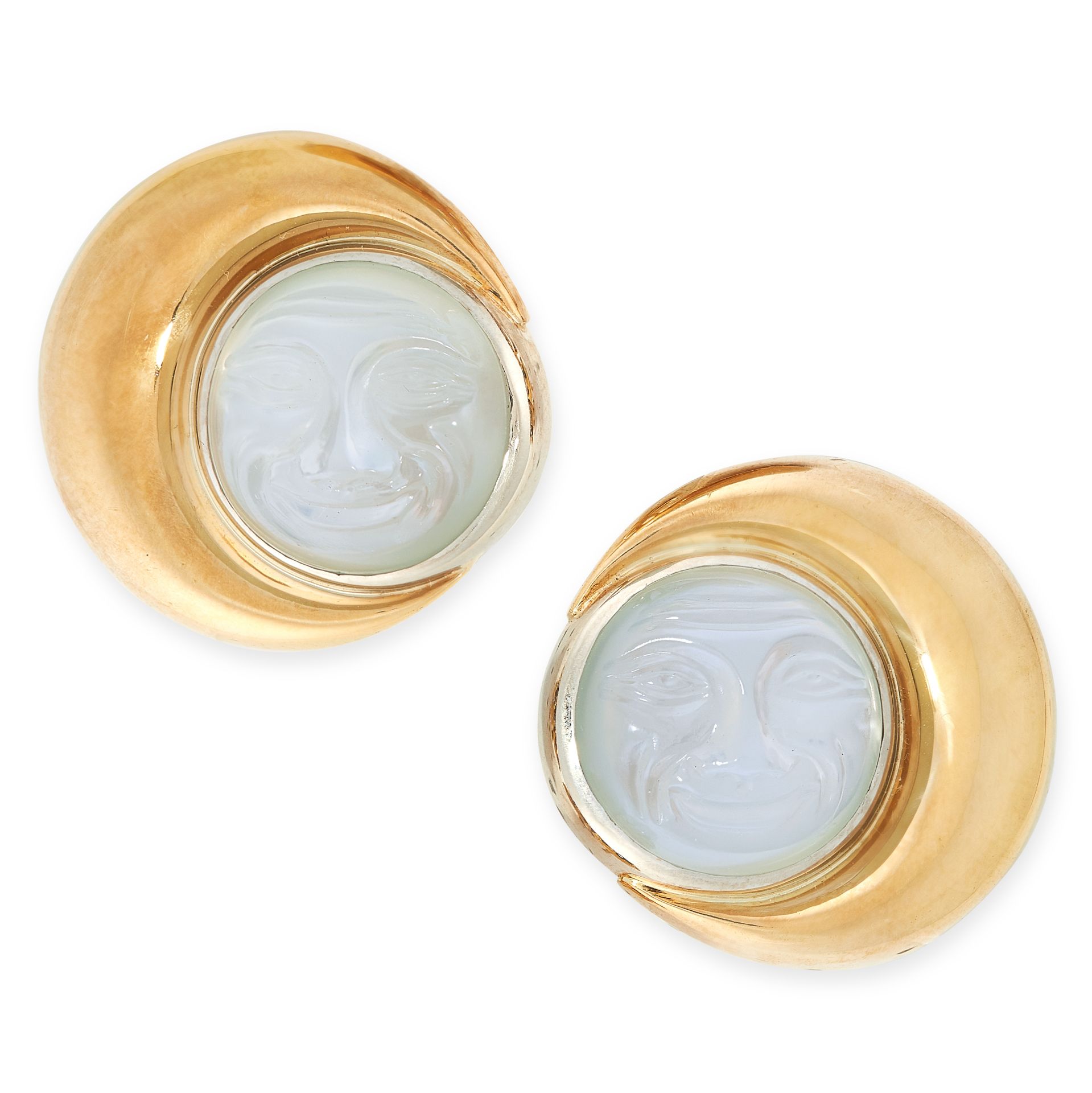 A PAIR OF CARVED MOONSTONE MAN IN THE MOON EARRINGS in yellow gold, each set with circular